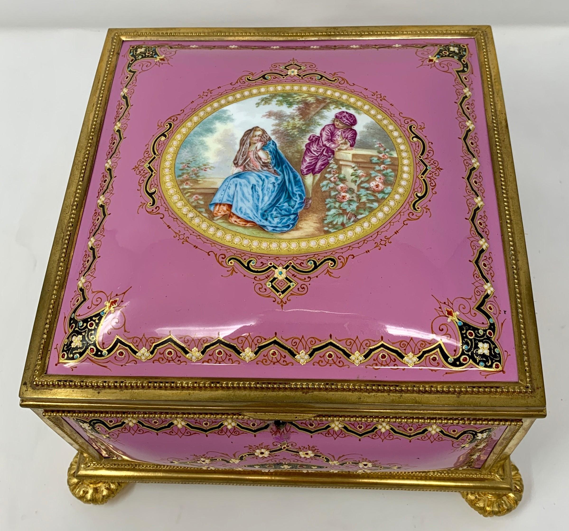 This is an extraordinary box. It is a perfect example of the fine process of enameling and ormolu fitting that took place in 19th century France.
