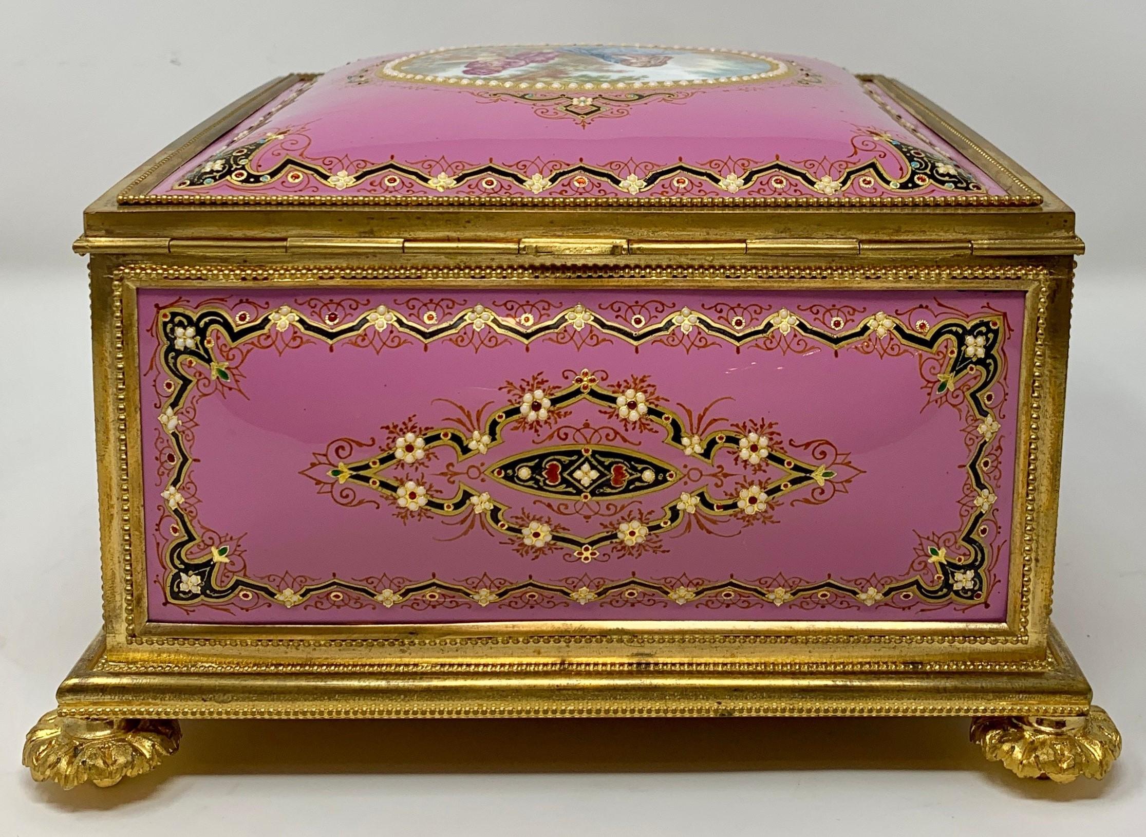 19th Century Antique French Pink Enameled Ormolu Jewel Box, circa 1870 For Sale