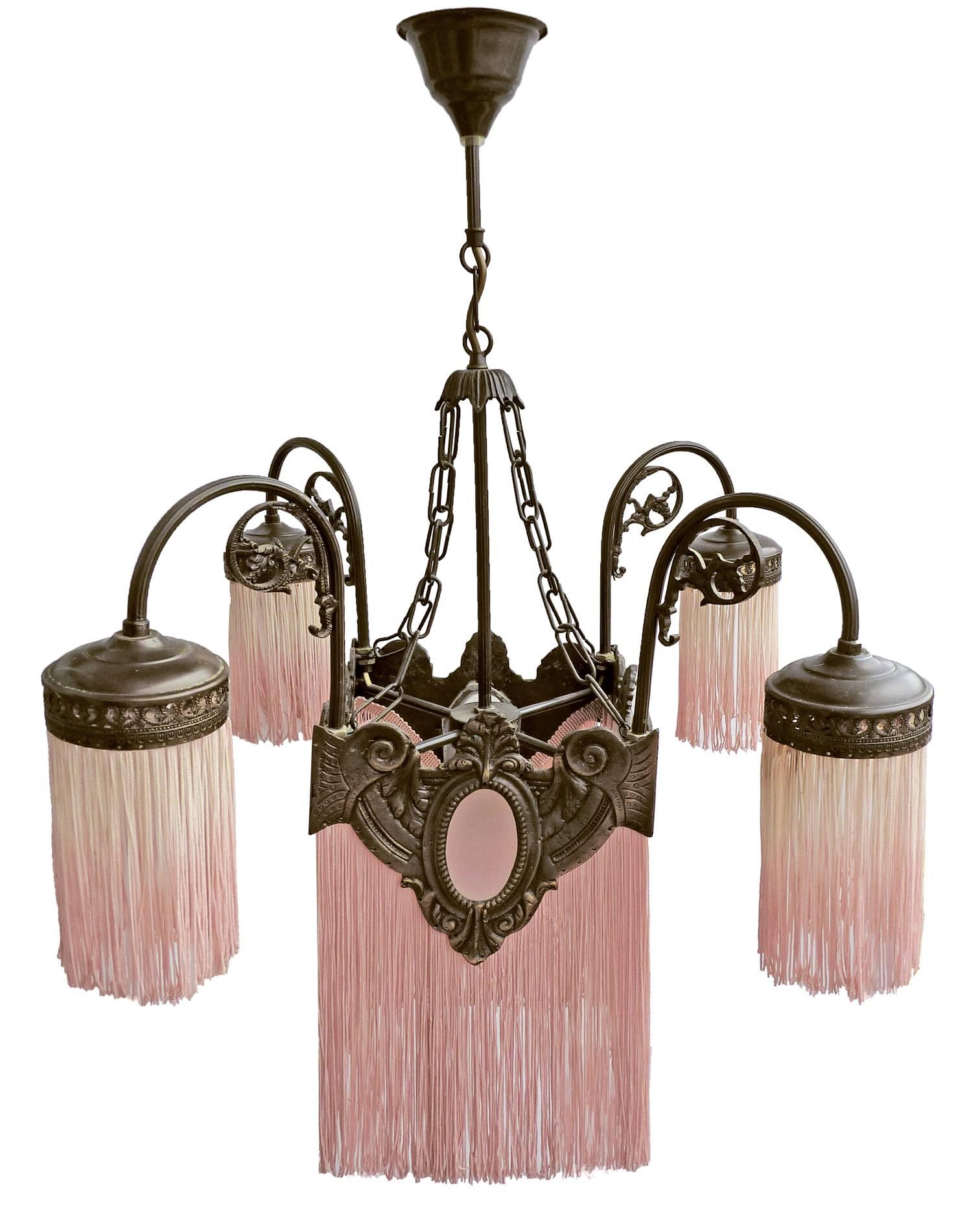 Art Nouveau Antique Art Deco Nouveau French Pink Fringes Hollywood Regency Bronze Chandelier