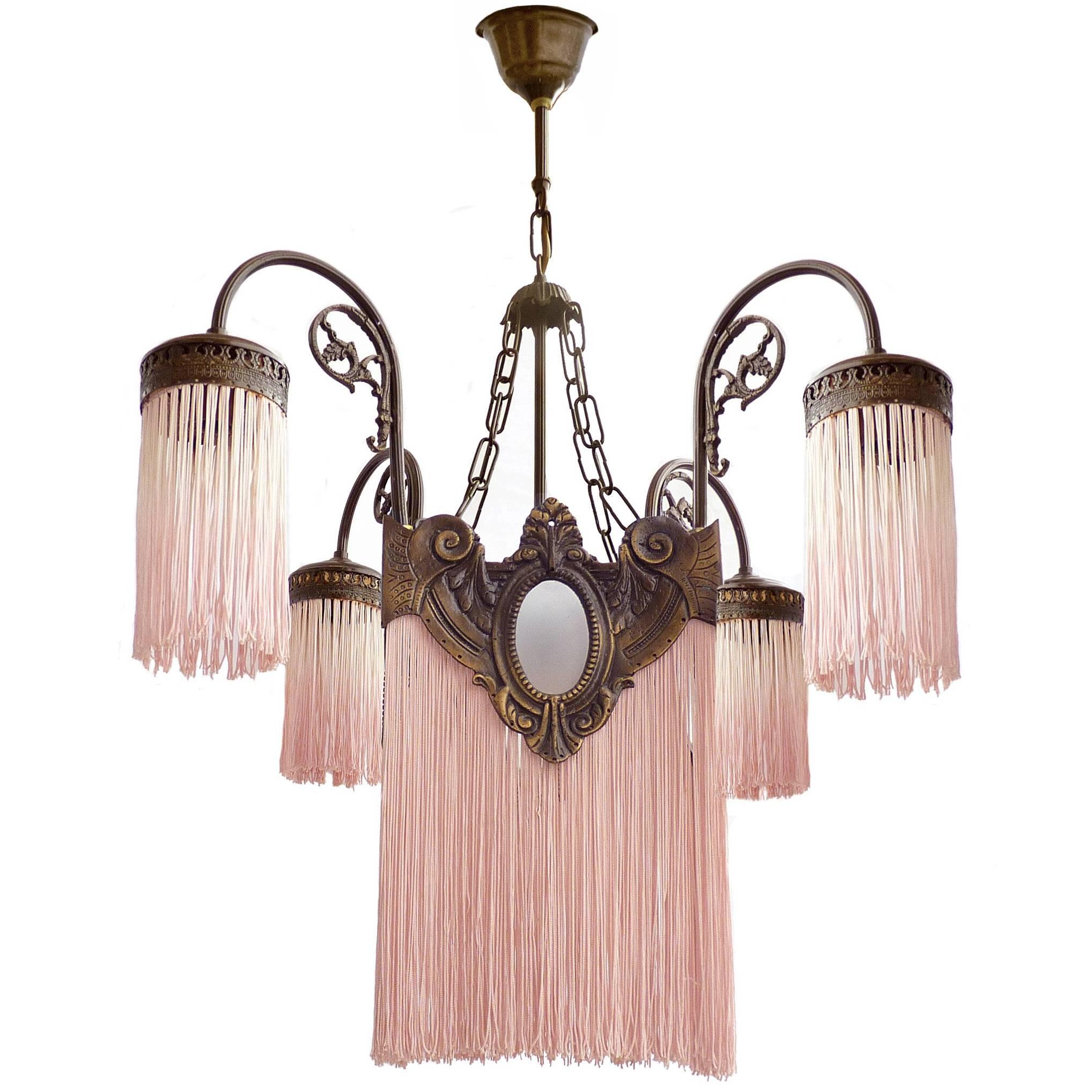 Antique Art Deco Nouveau French Pink Fringes Hollywood Regency Bronze Chandelier