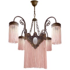 Antique Art Deco Nouveau French Pink Fringes Hollywood Regency Bronze Chandelier