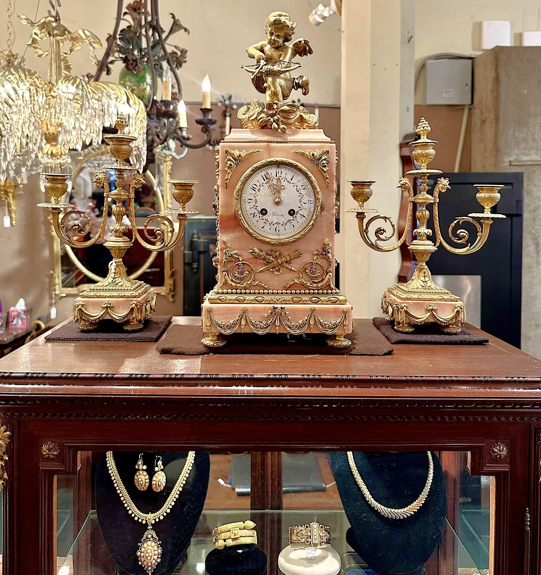 Antique French Pink Marble & Ormolu 3 Piece Clock Garniture Set, Circa 1880-1890 For Sale 8