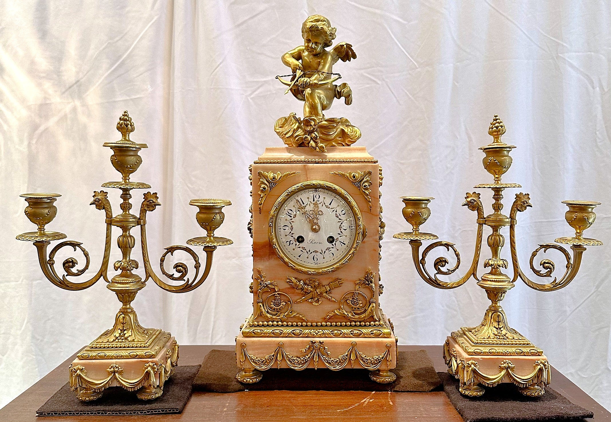 Antique French Pink Marble and Ormolu 3 Piece Clock Garniture Set, Circa 1880-1890.
Clock: 18