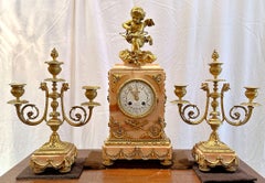 Antique French Pink Marble & Ormolu 3 Piece Clock Garniture Set, Circa 1880-1890