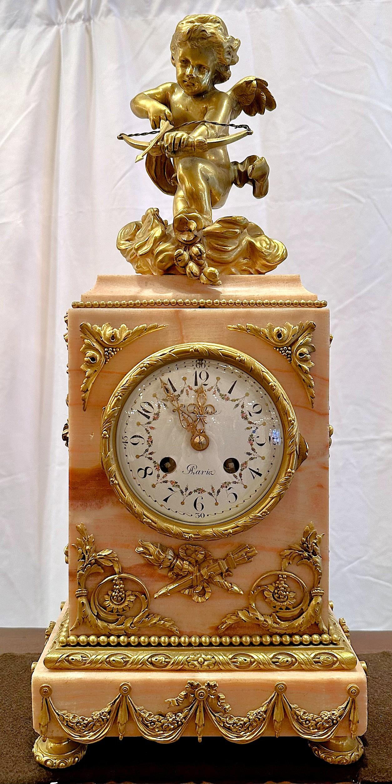 Antique French Pink Marble & Ormolu 3 Piece Clock Garniture Set, Circa 1880-1890 In Good Condition For Sale In New Orleans, LA