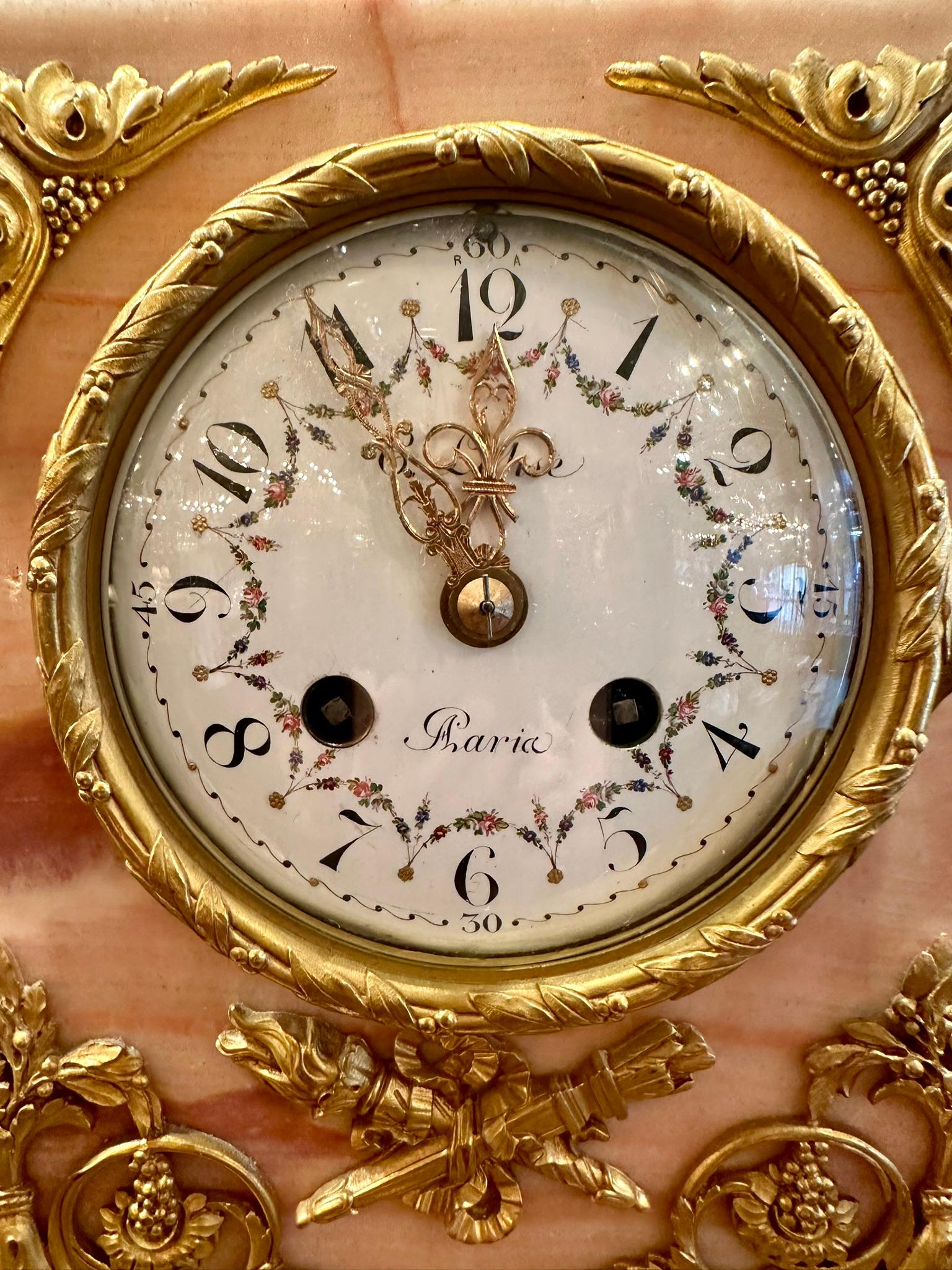 Antique French Pink Marble & Ormolu 3 Piece Clock Garniture Set, Circa 1880-1890 For Sale 1