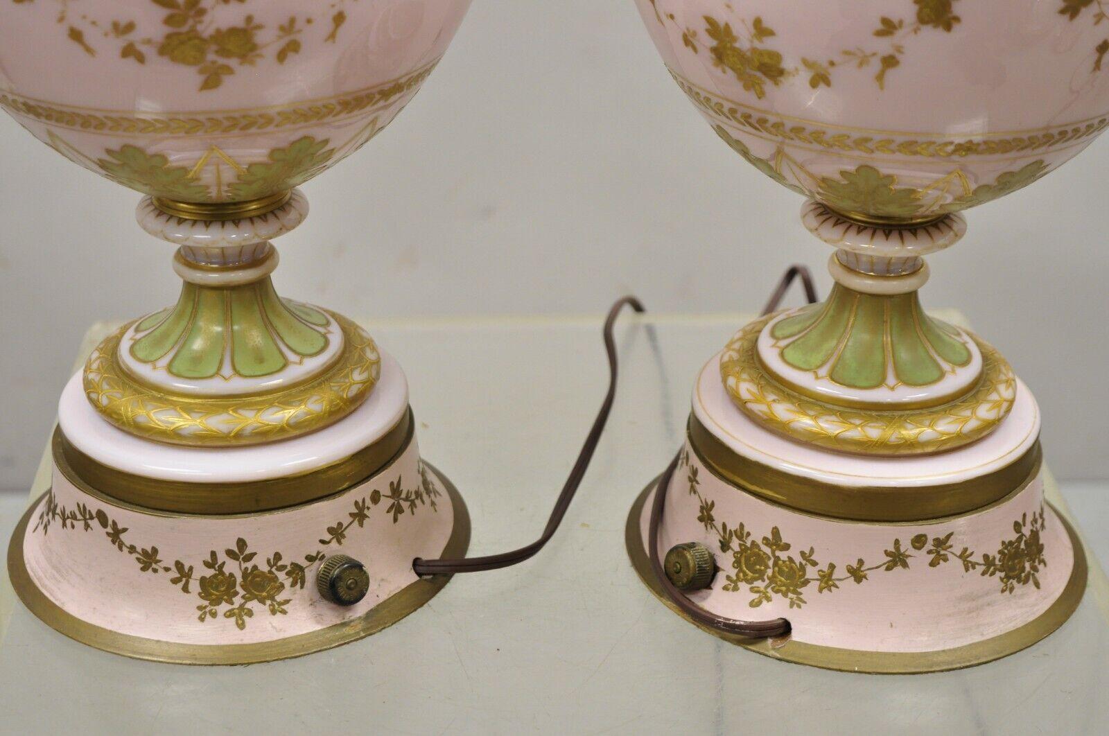 Antique French Pink Porcelain Hand Painted Bulbous Table Lamps - a Pair For Sale 3
