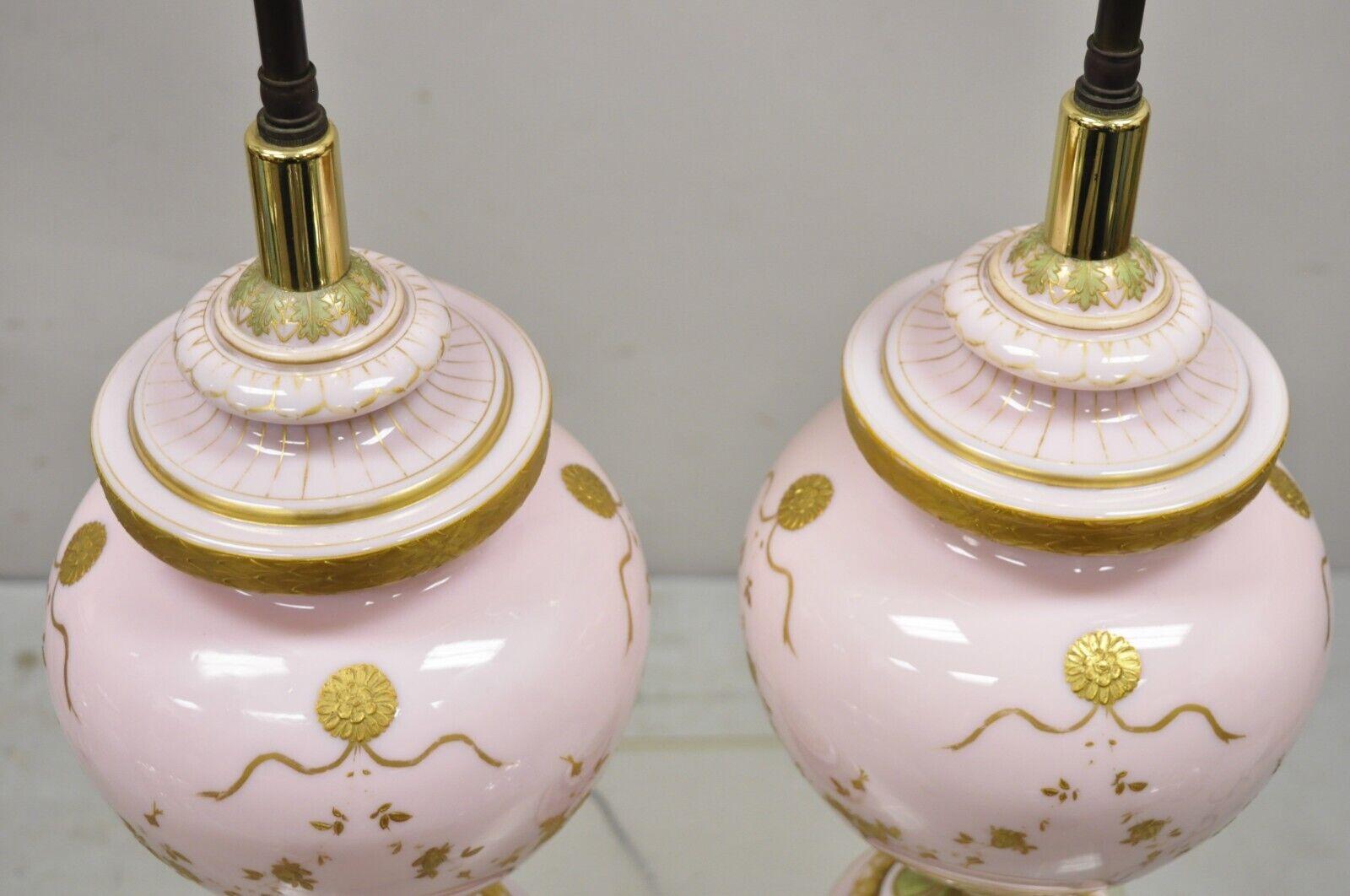 French Provincial Antique French Pink Porcelain Hand Painted Bulbous Table Lamps - a Pair For Sale