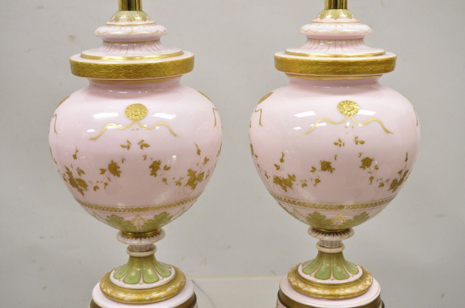 20th Century Antique French Pink Porcelain Hand Painted Bulbous Table Lamps - a Pair For Sale