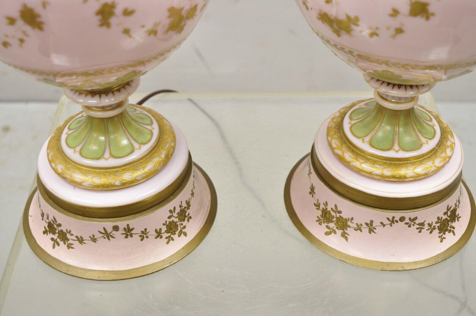 Antique French Pink Porcelain Hand Painted Bulbous Table Lamps - a Pair For Sale 1