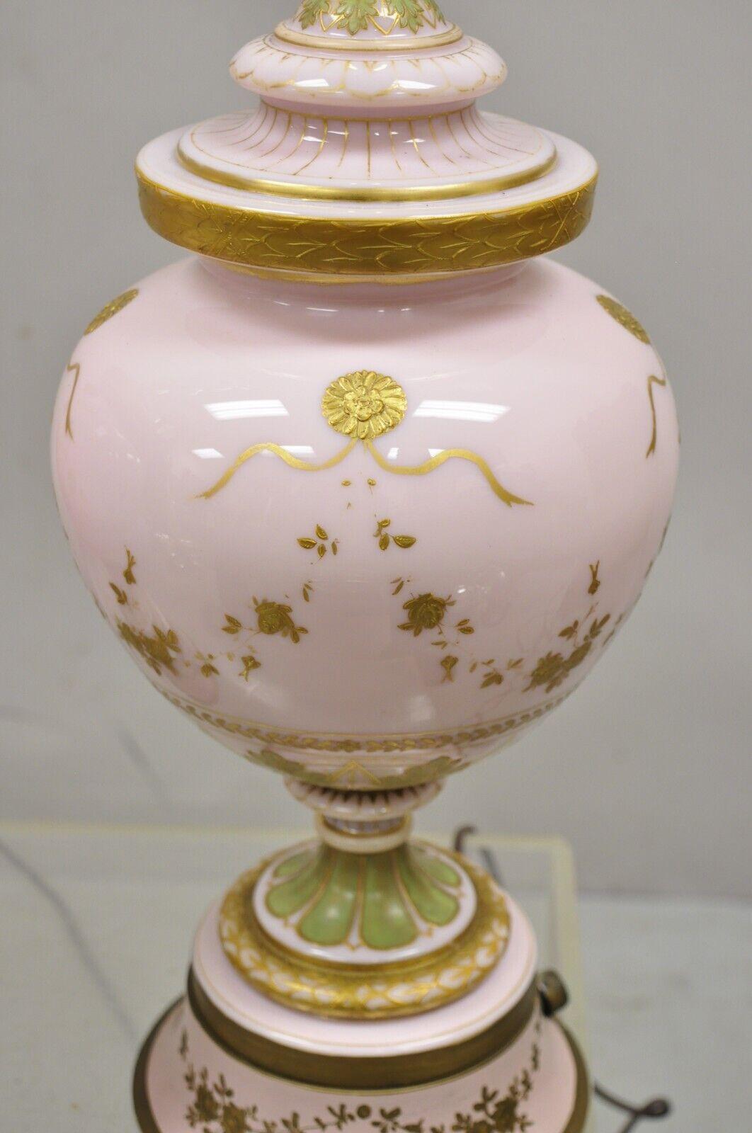 Antique French Pink Porcelain Hand Painted Bulbous Table Lamps - a Pair For Sale 2
