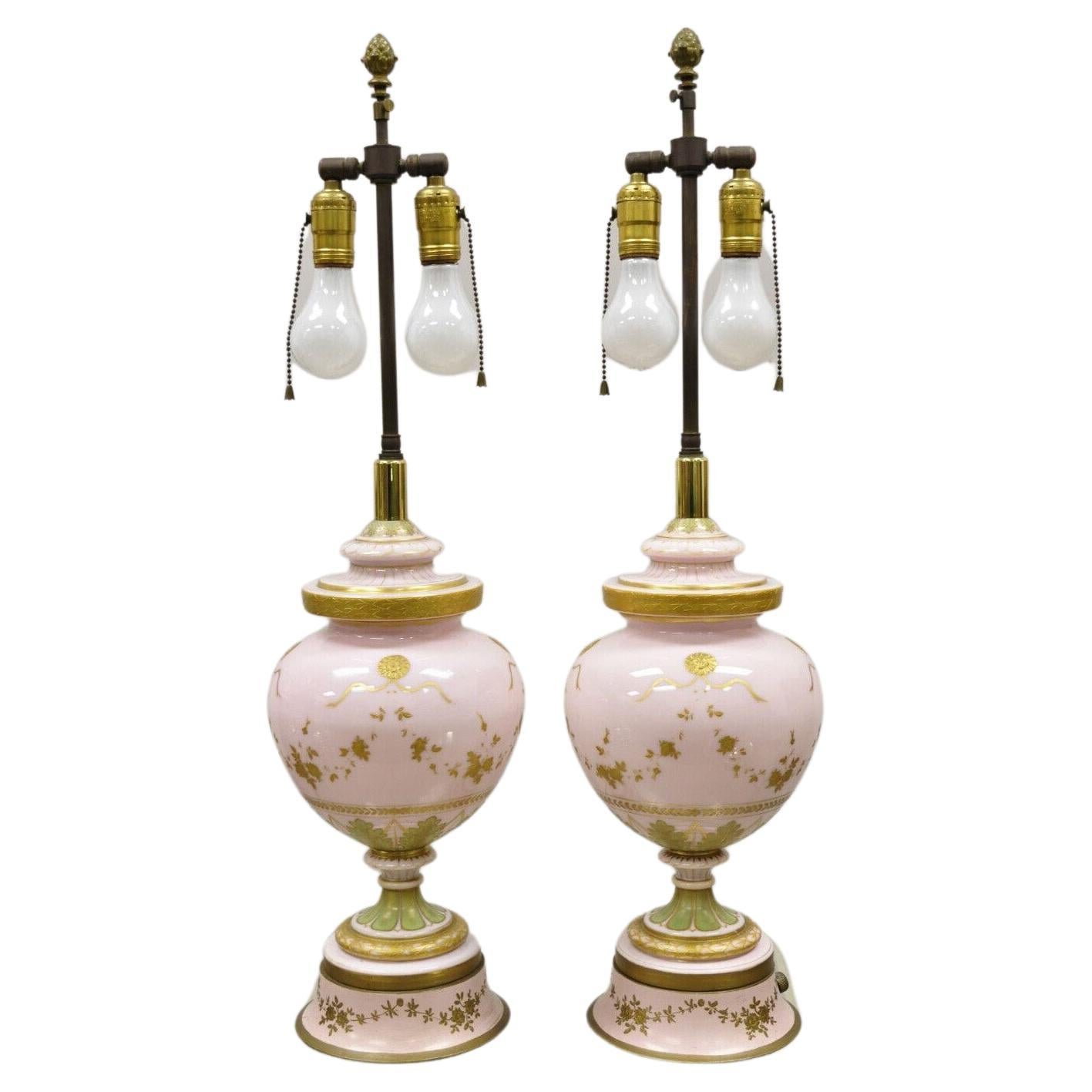 Antique French Pink Porcelain Hand Painted Bulbous Table Lamps - a Pair For Sale