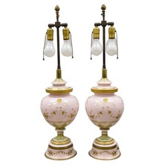 Antique French Pink Porcelain Hand Painted Bulbous Table Lamps - a Pair