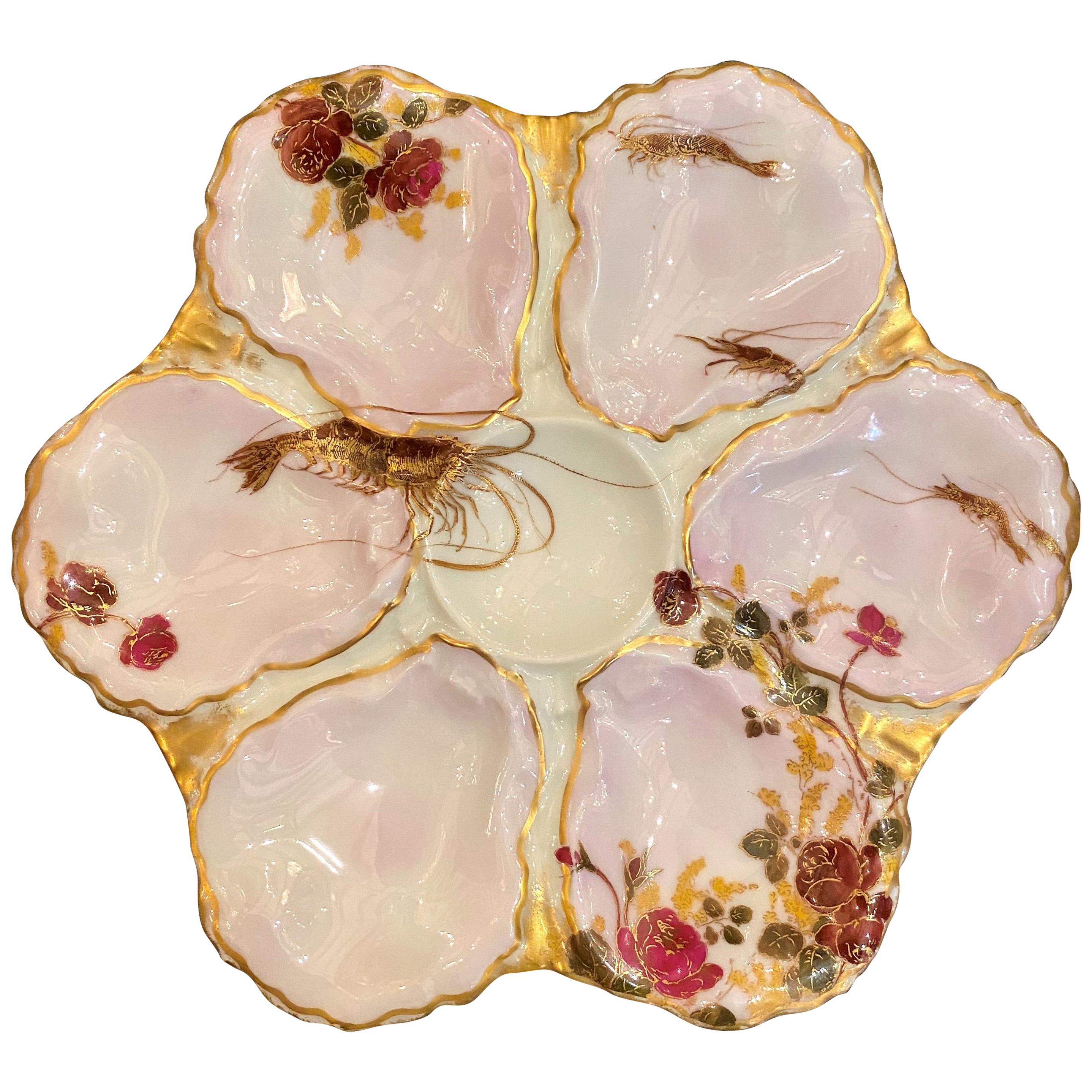 Antique French Pink, Red & Gold "Haviland & Co." Limoges Porcelain Oyster Plate