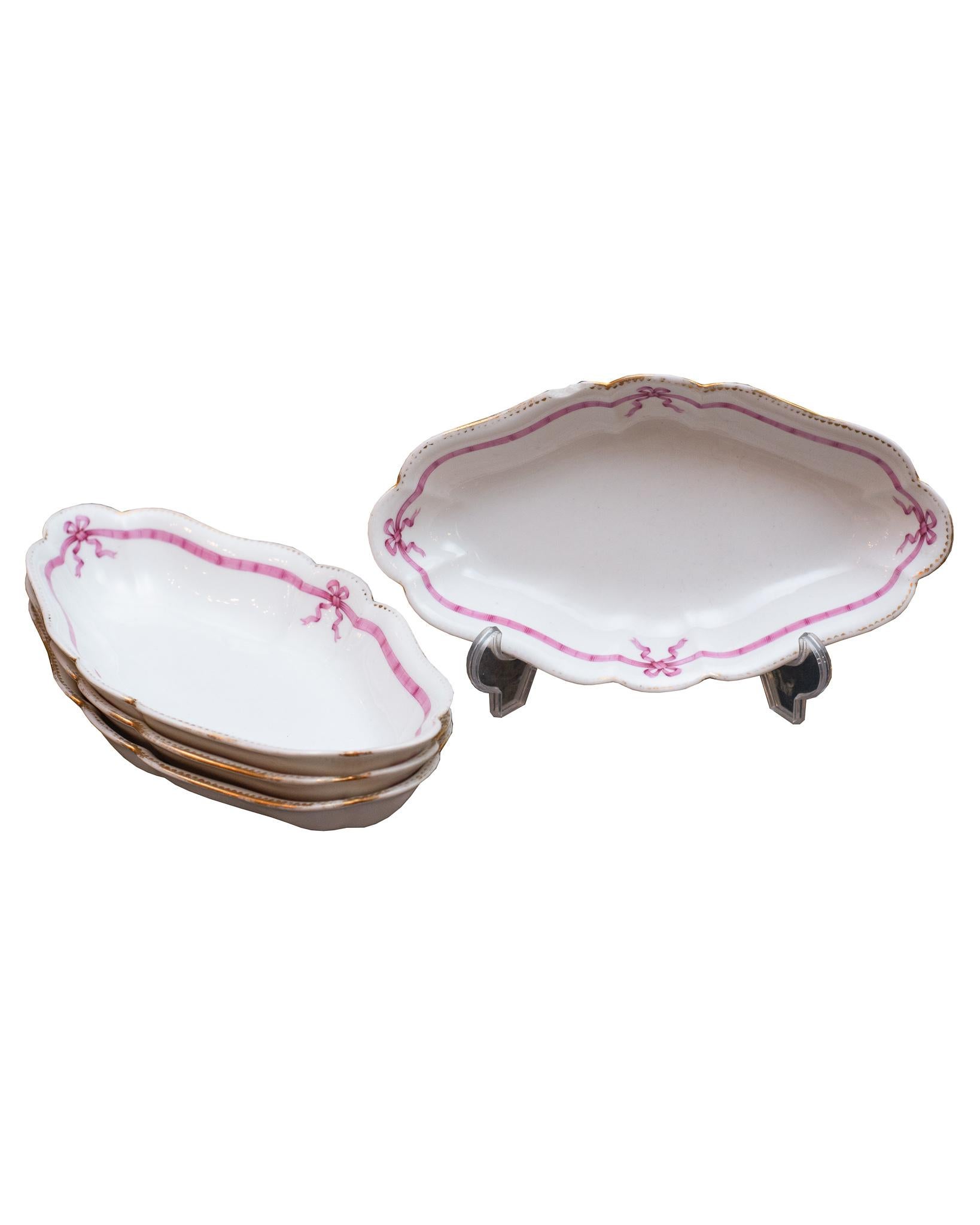 Gilt Antique French 22-Piece White Porcelain Dinner Set with Pink Ribbon Motif For Sale