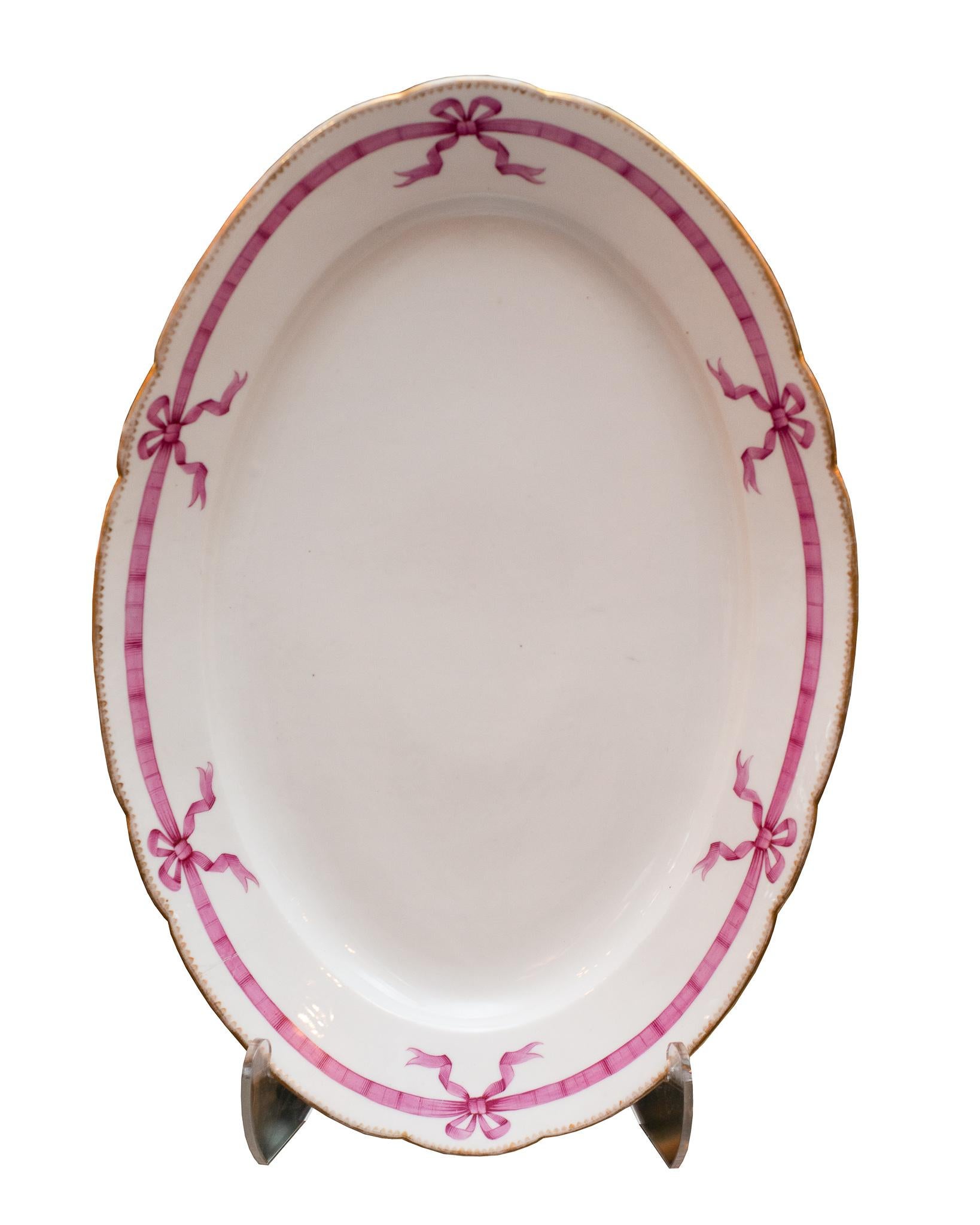 19th Century Antique French 22-Piece White Porcelain Dinner Set with Pink Ribbon Motif