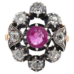 Antique French Pink Sapphire Diamond 18k Yellow Gold Silver Cocktail Ring