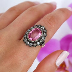 Antique French Pink Spinel, Diamond, Silver and Gold Cluster Ring, Circa 1830
