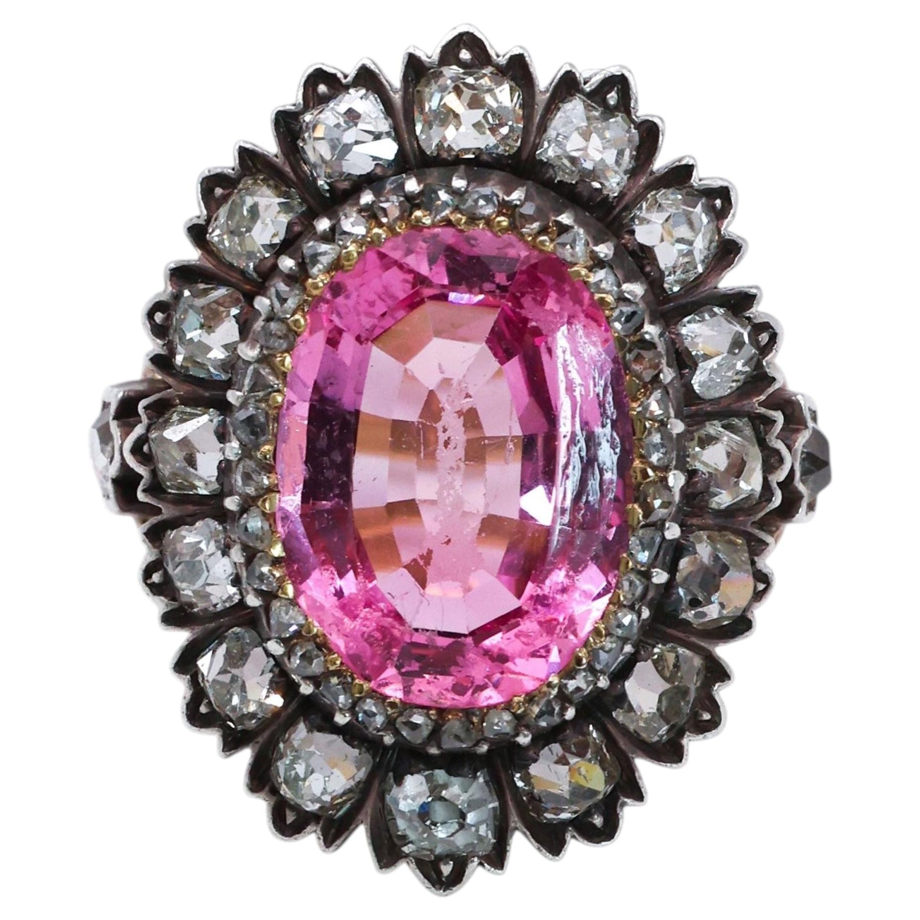 Anello antico francese con spinello rosa, diamanti, argento e oro, circa 1830