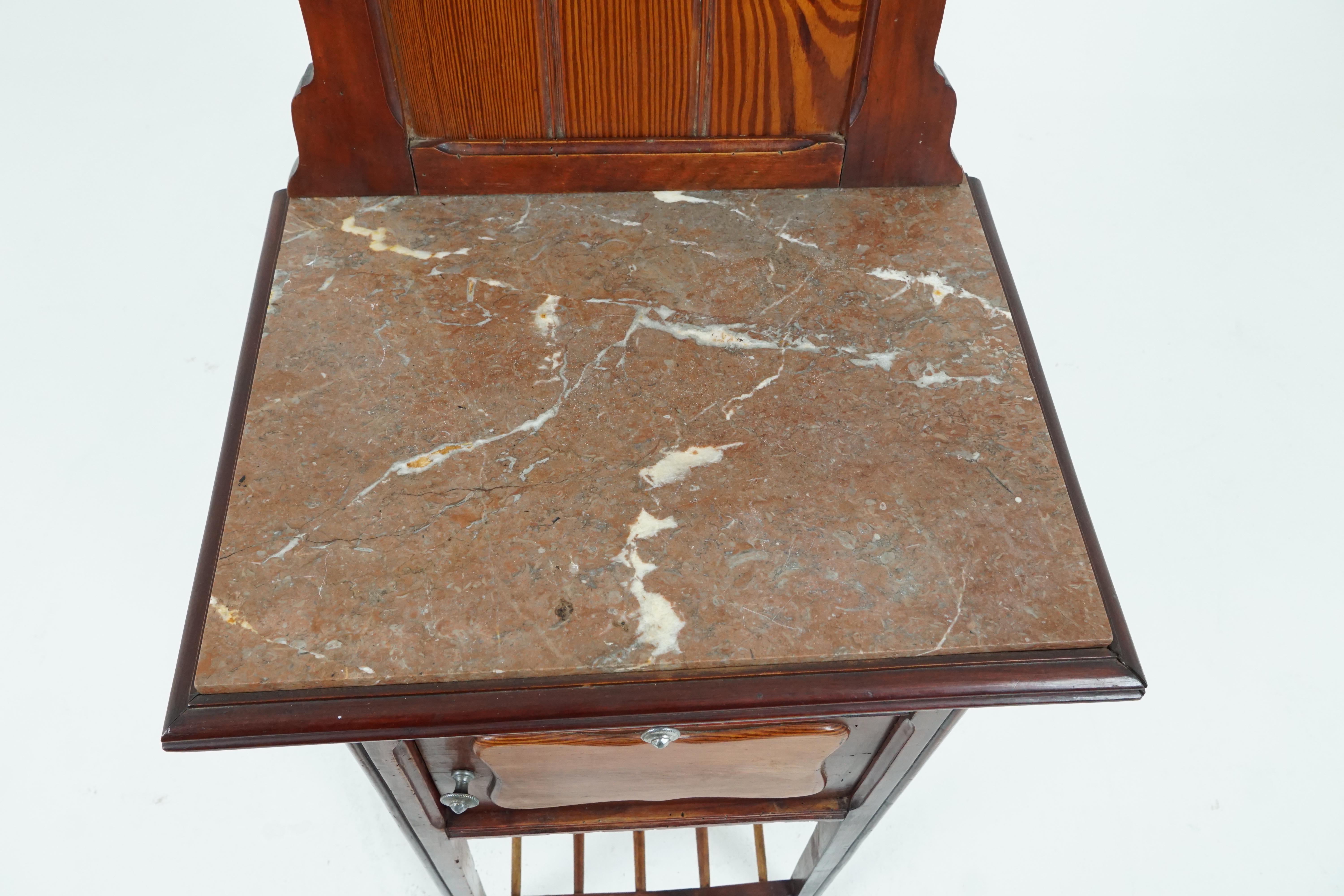 Antique French Pitch Pine, Walnut Marble Top Nightstand, France 1900, H056 3