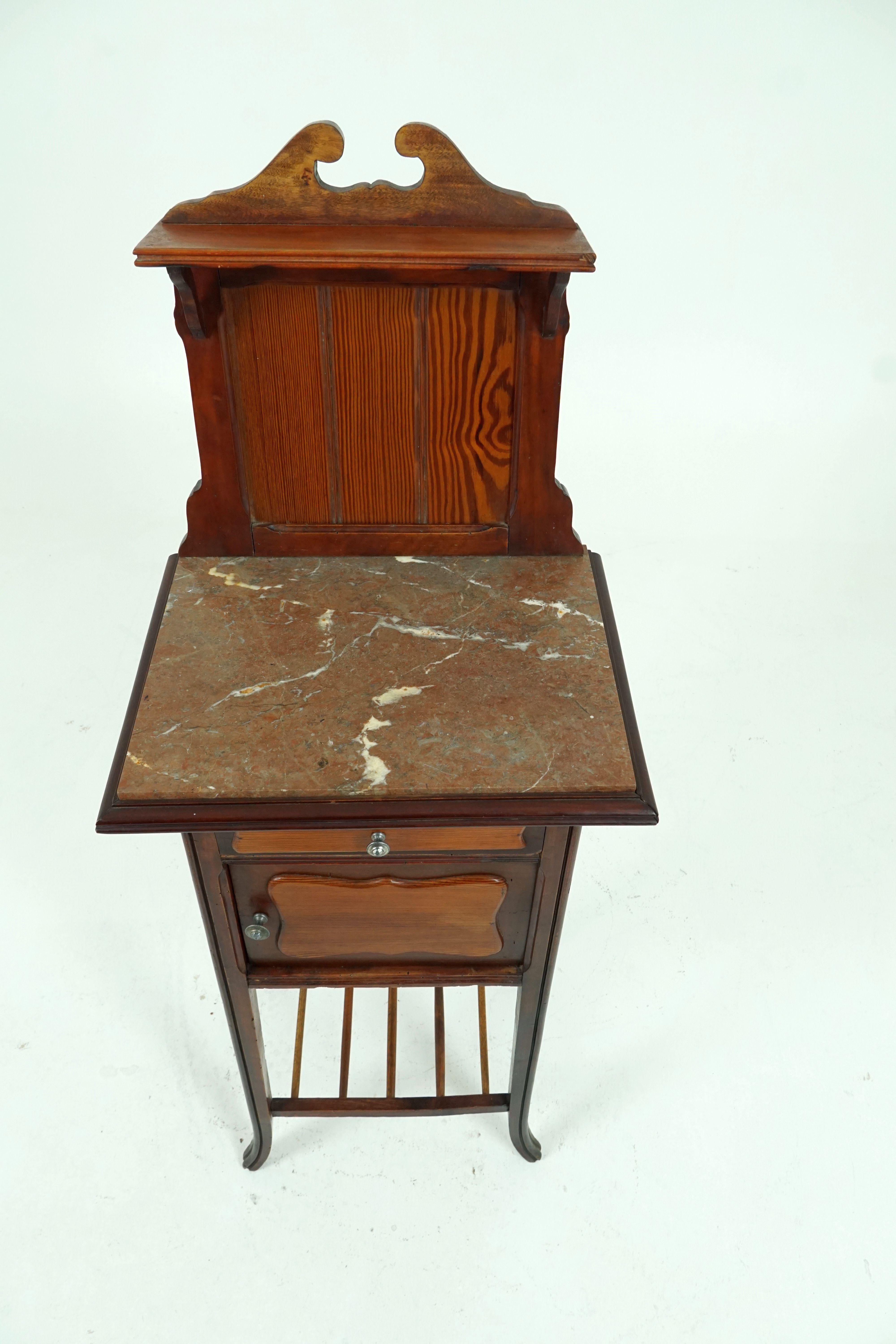 Antique French Pitch Pine, Walnut Marble Top Nightstand, France 1900, H056 4