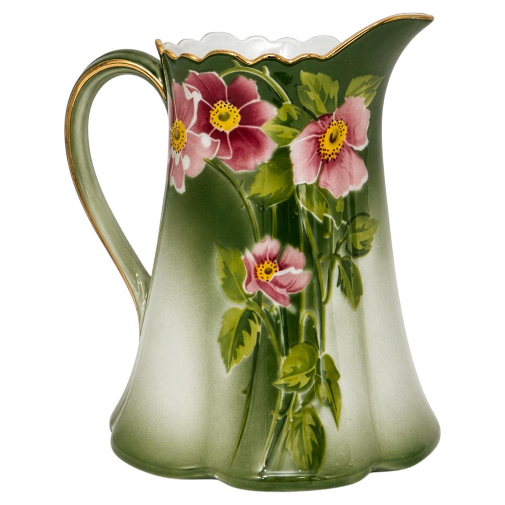 Antique French Pitcher by Keller and Guérin, Les Roses Pattern, 1910