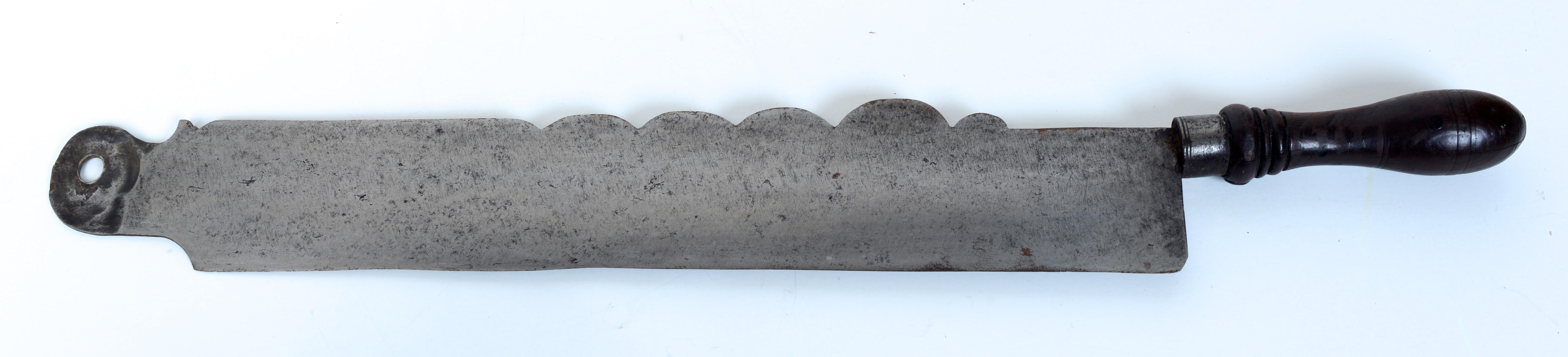 Antique French Planche à Pain Bread Cutting Board with Original, Attached Wrought Iron Knife c1750. The top has a carved angel head flanked by wings. With fantastic detailed iron-work. 