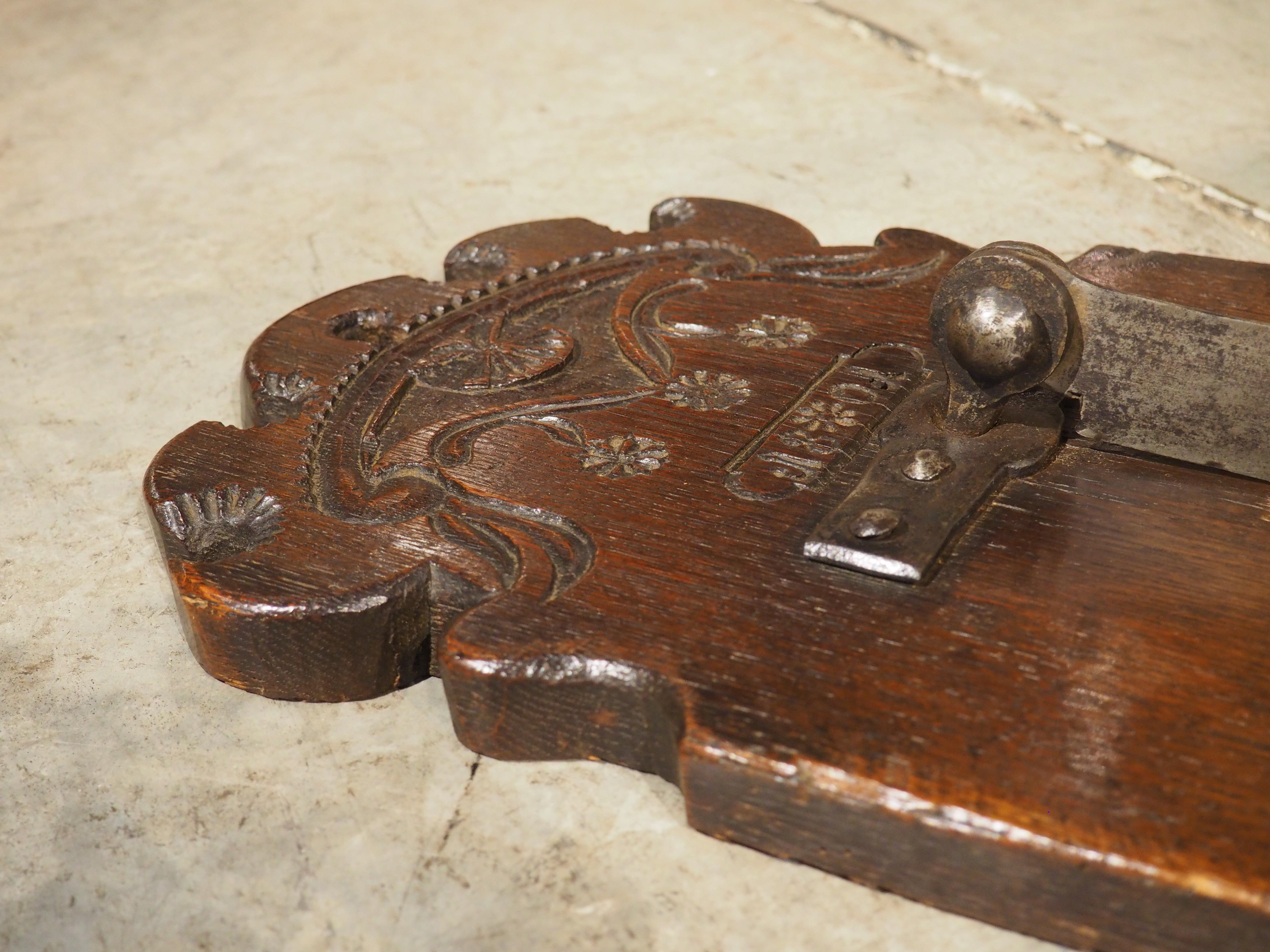 Antique French Planche à Pain Bread Cutting Board with Iron Blade, Dated 1801 4