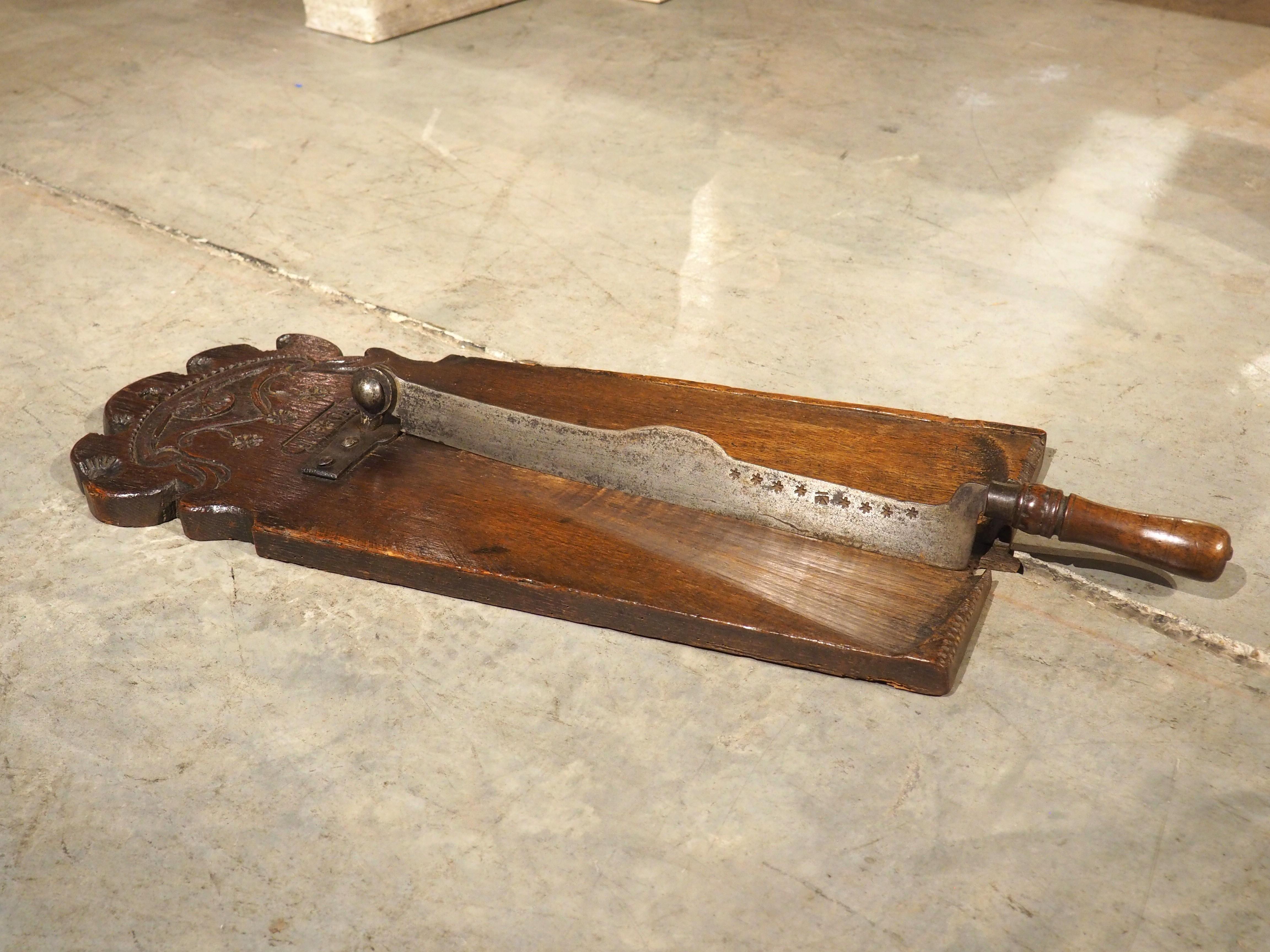Antique French Planche à Pain Bread Cutting Board with Iron Blade, Dated 1801 10