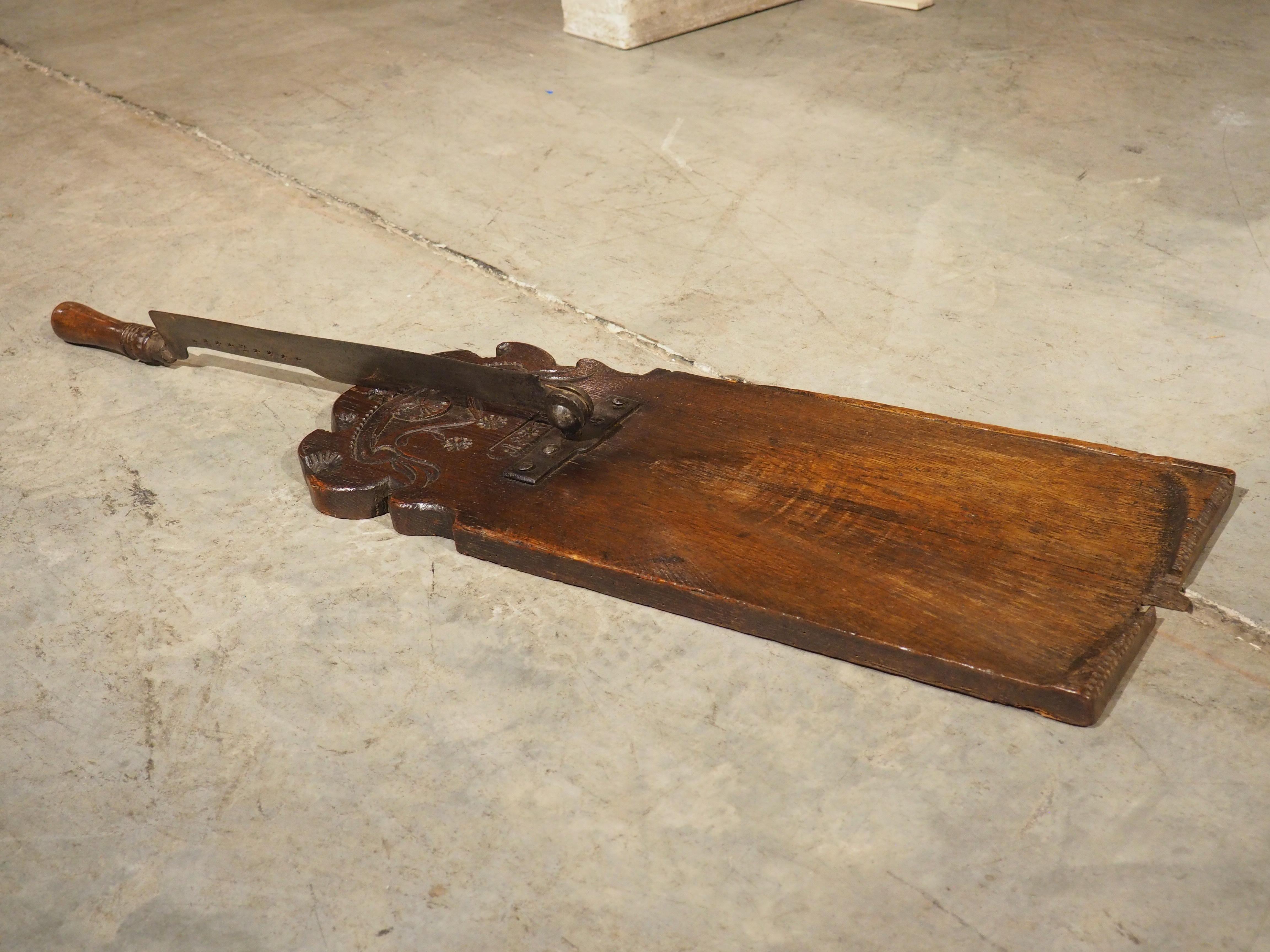 Antique French Planche à Pain Bread Cutting Board with Iron Blade, Dated 1801 In Good Condition In Dallas, TX