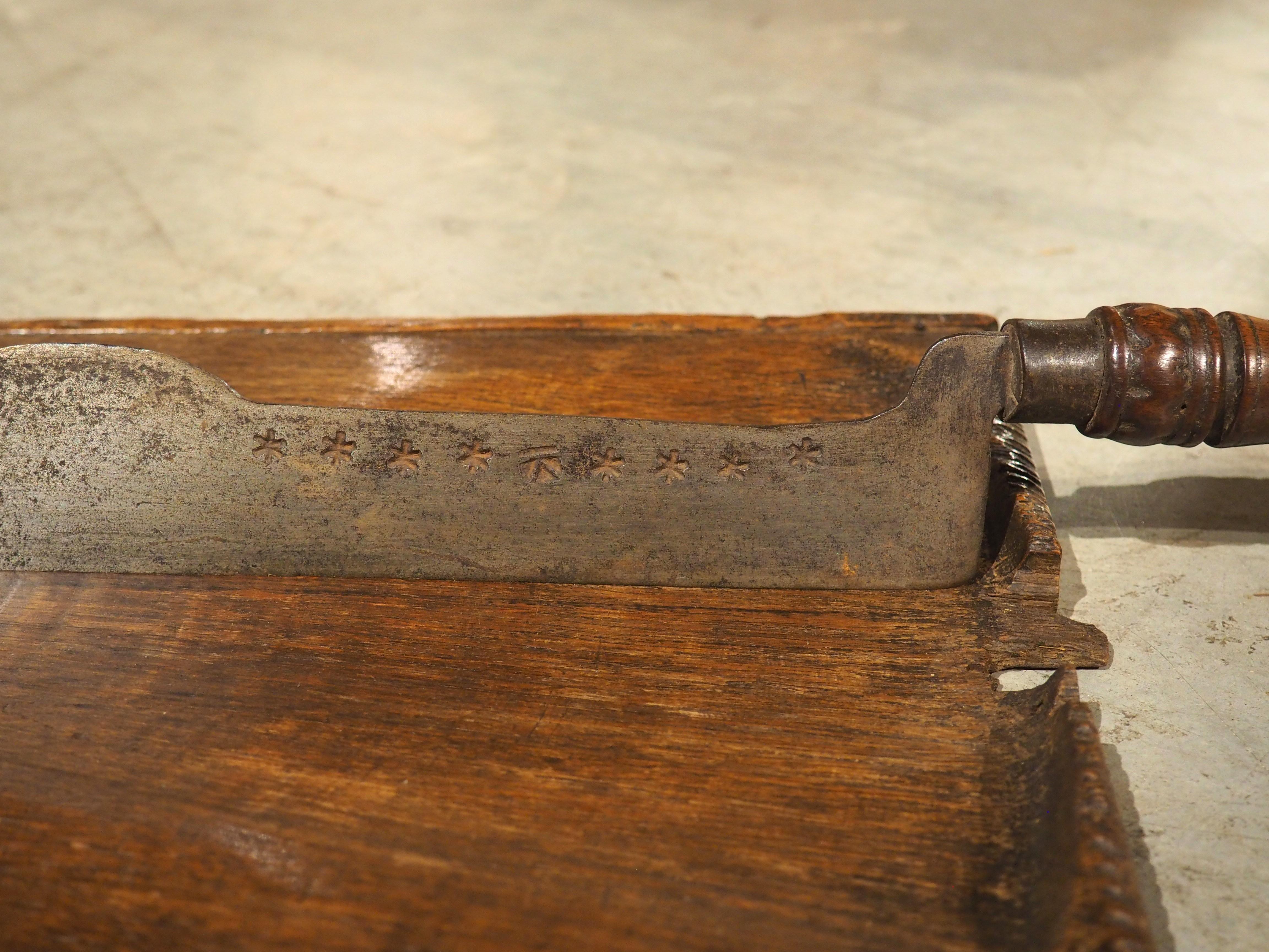 Antique French Planche à Pain Bread Cutting Board with Iron Blade, Dated 1801 1