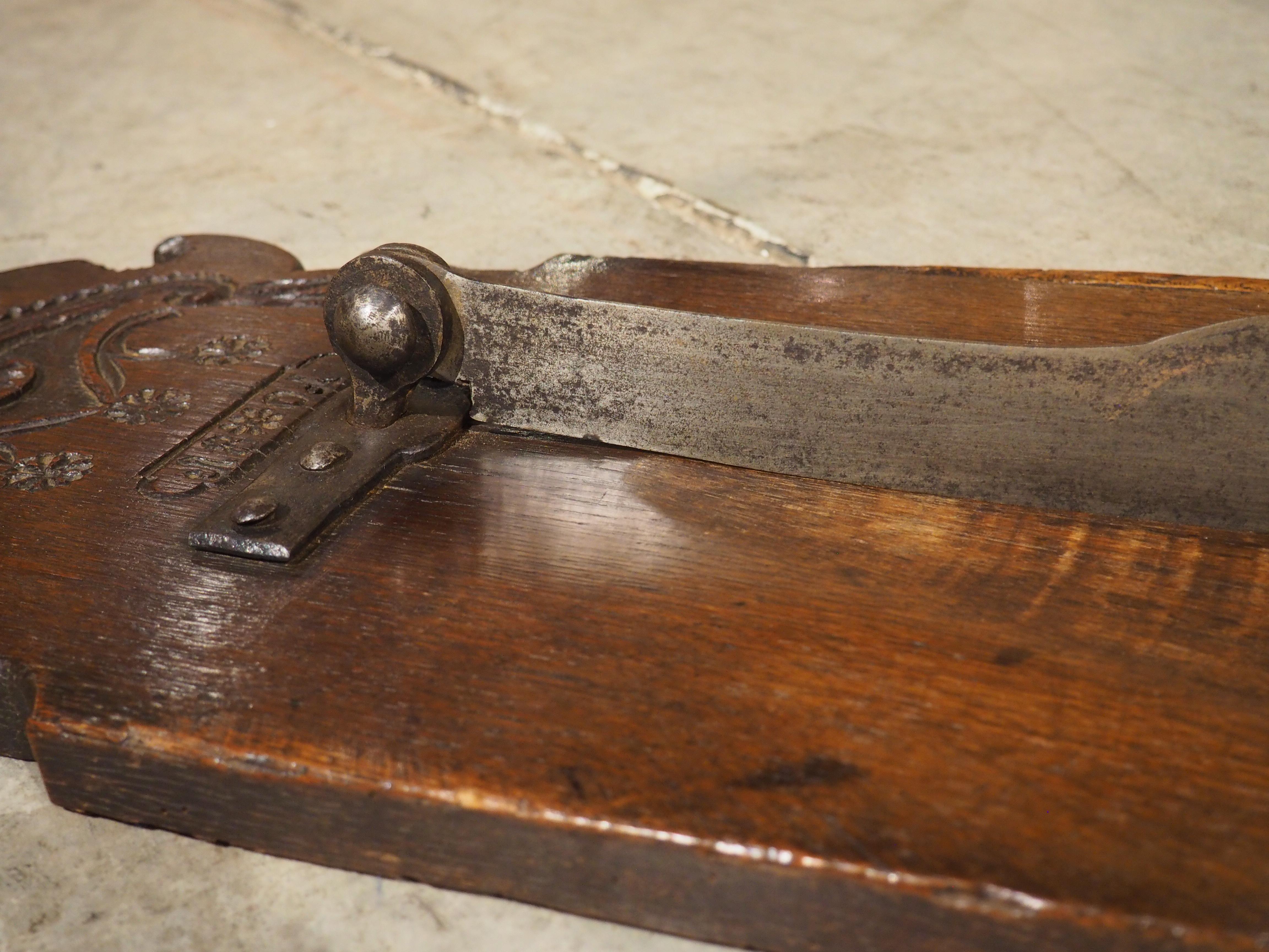 Antique French Planche à Pain Bread Cutting Board with Iron Blade, Dated 1801 2