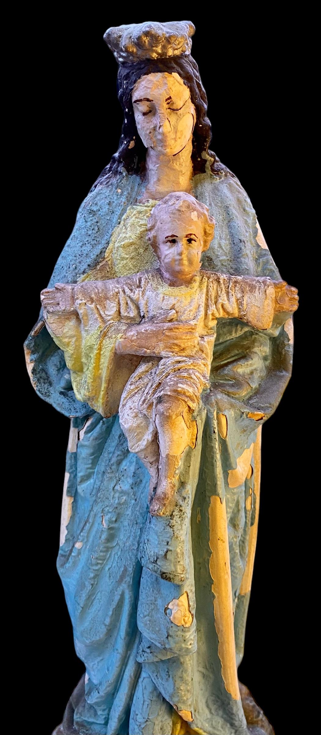 Antique French Plaster Notre Dame Madonna And Child 8