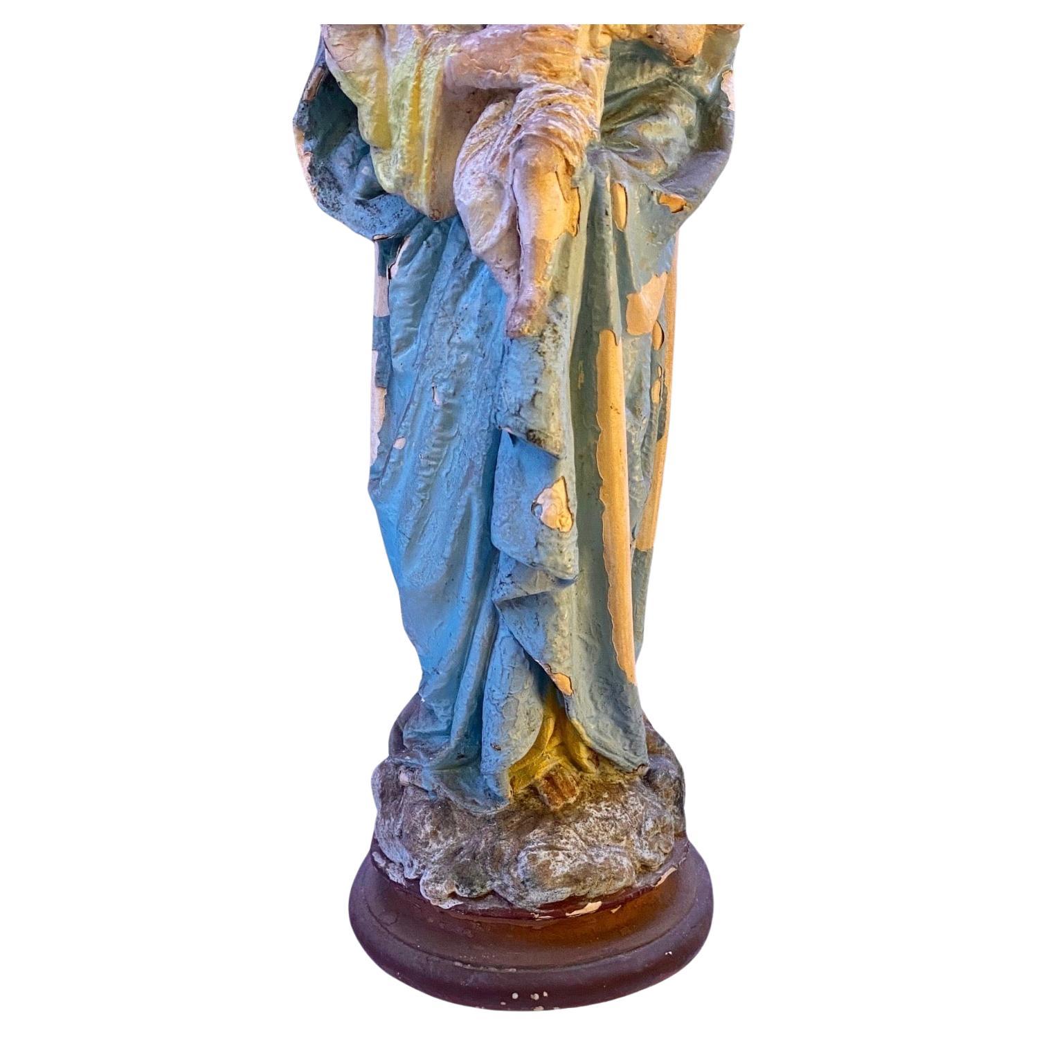 Hand-Painted Antique French Plaster Notre Dame Madonna And Child