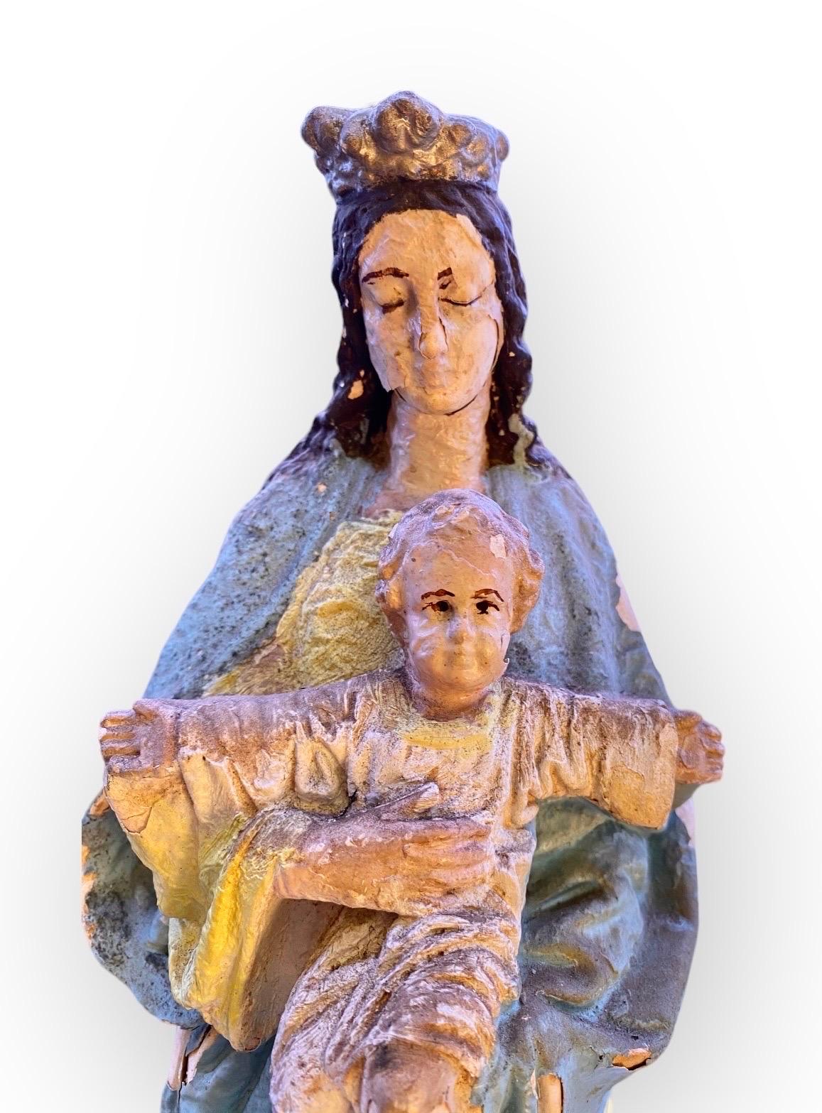 Antique French Plaster Notre Dame Madonna And Child In Distressed Condition In New Orleans, LA