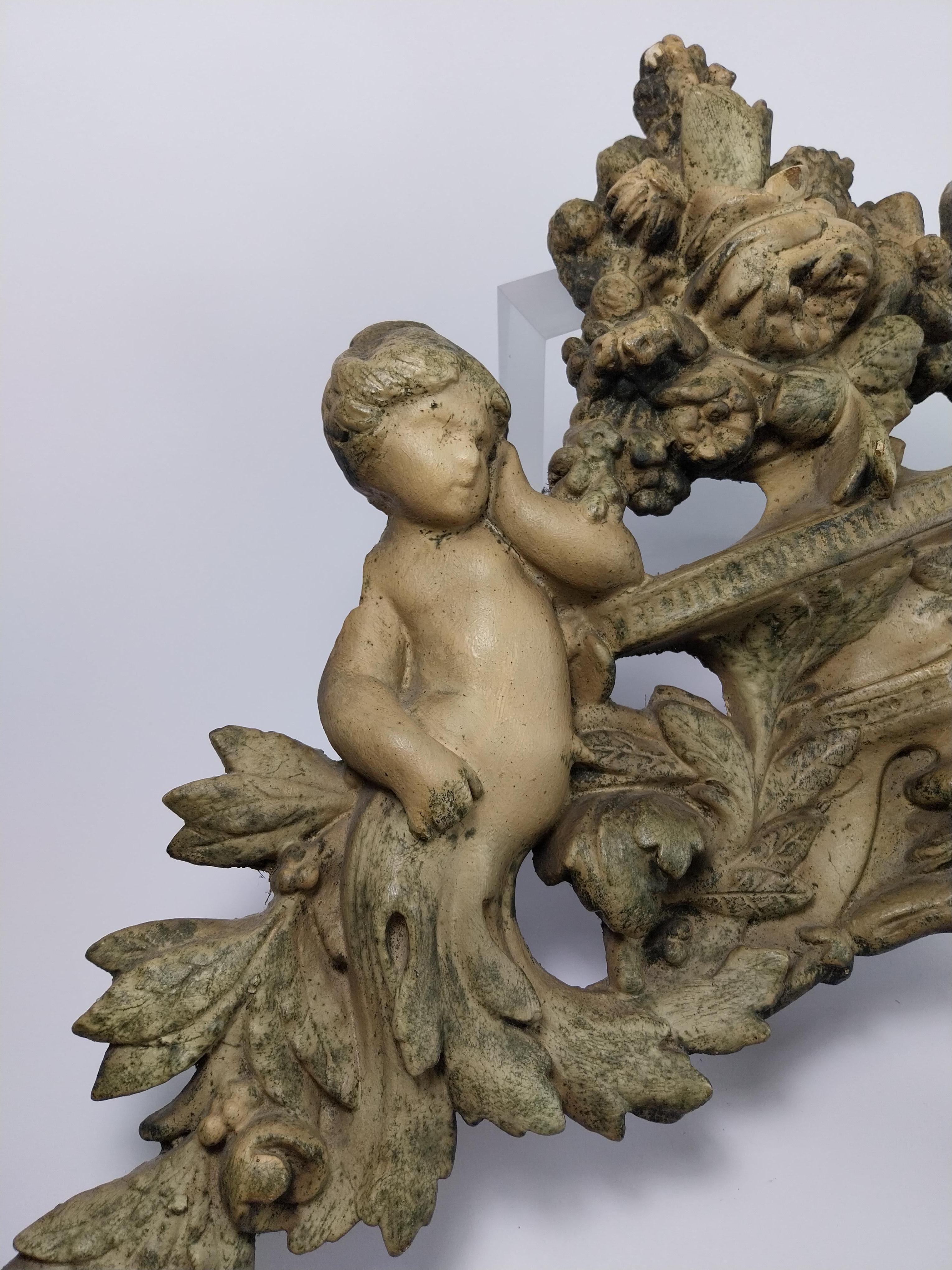 Molded Antique french plaster top ornament with 2 putti For Sale