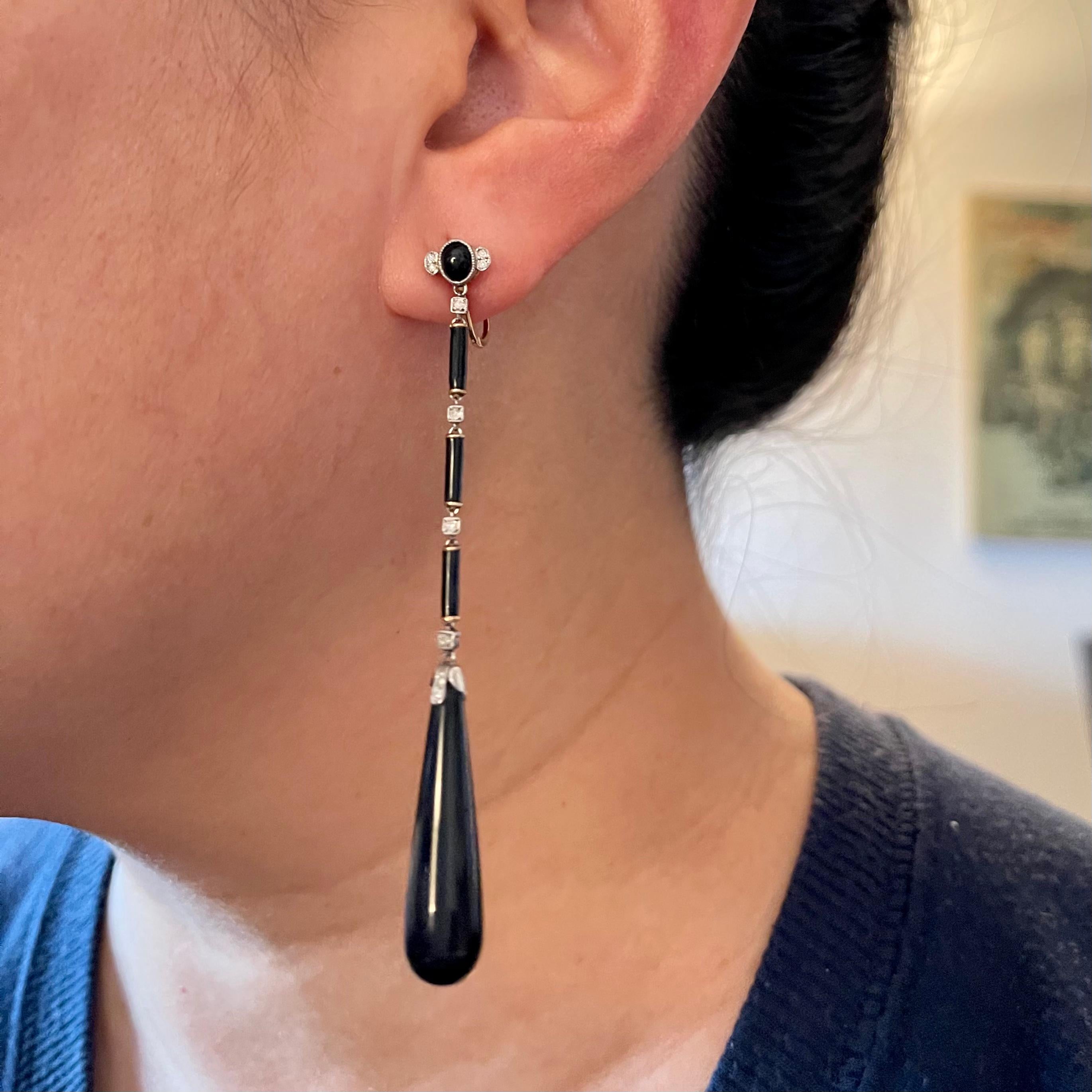 Antique French Platinum Black Onyx Long Pendant Earrings In Good Condition In New York, NY