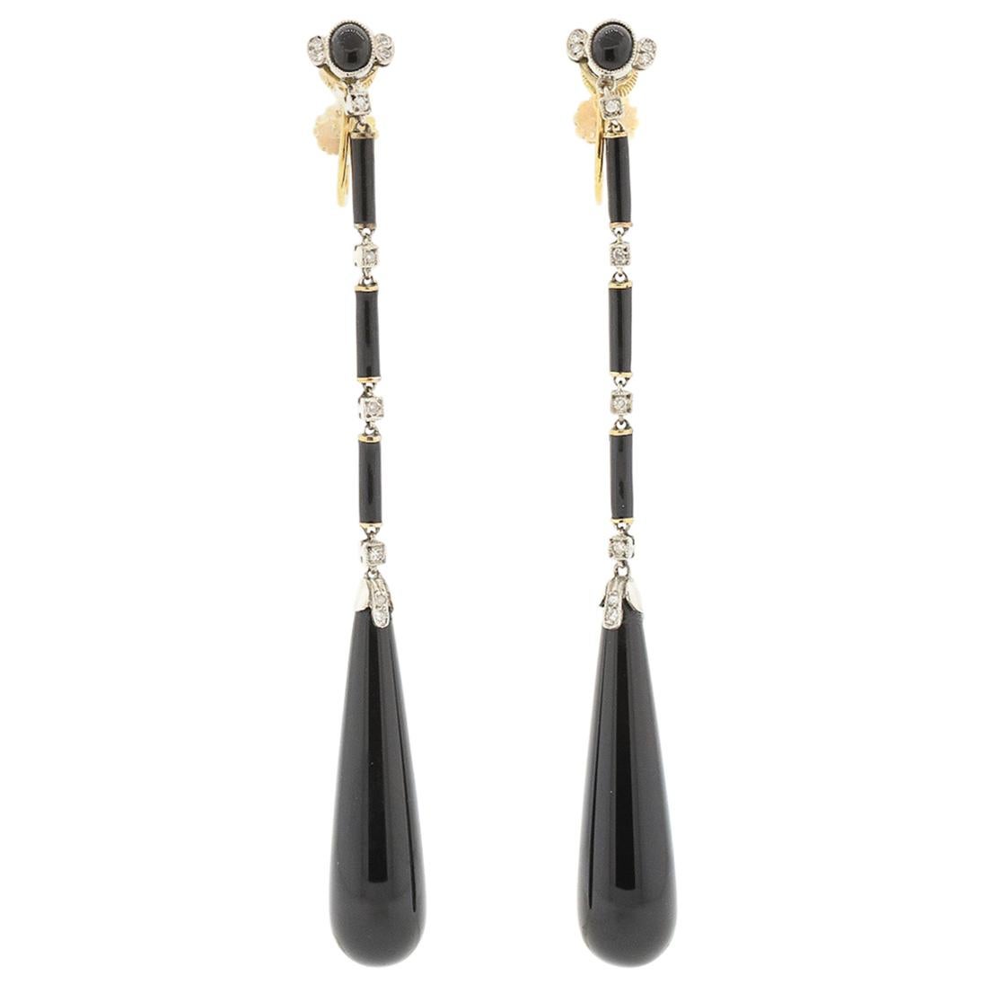 Antique French Platinum Black Onyx Long Pendant Earrings