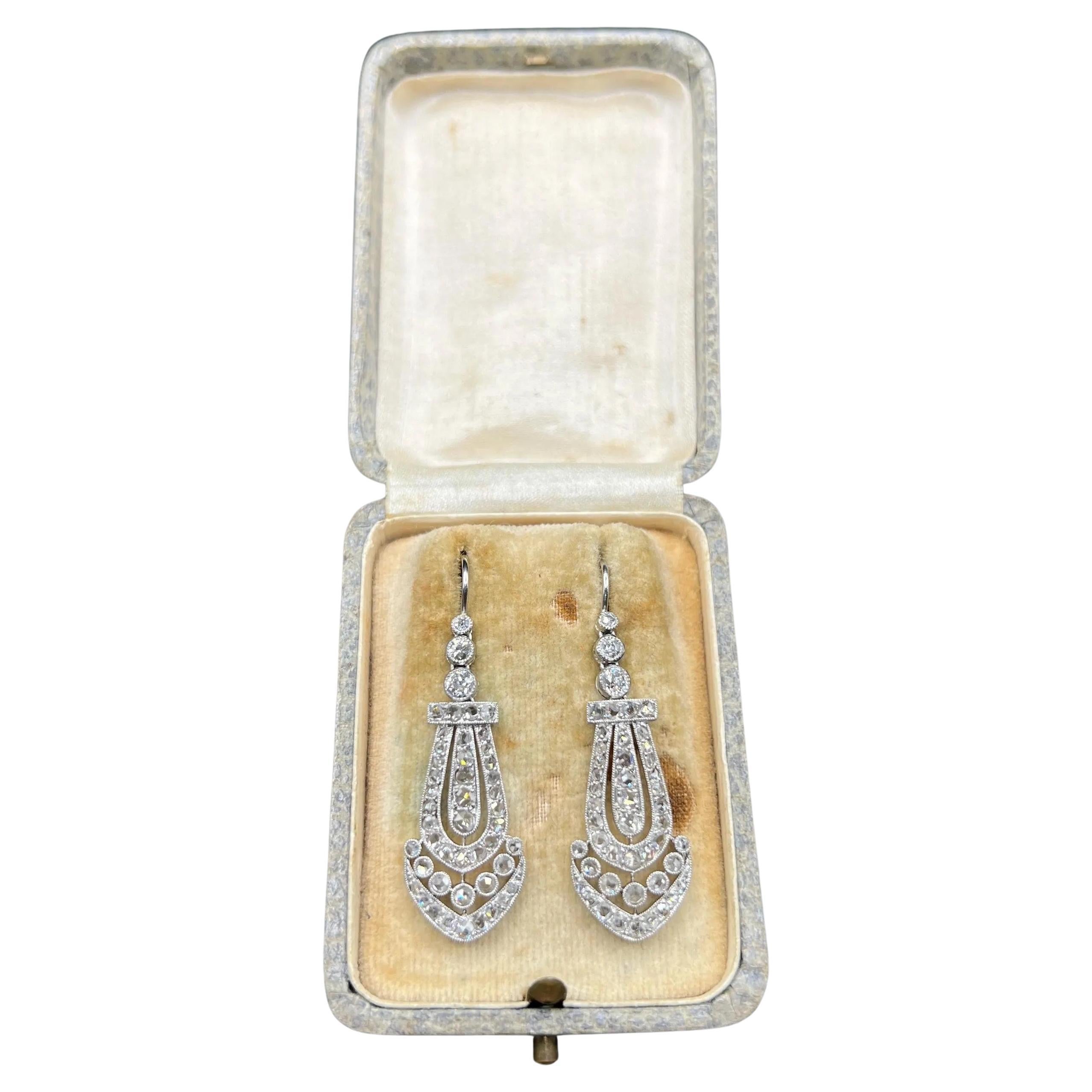 Antique French Platinum, Edwardian era Diamond Drop Earrings