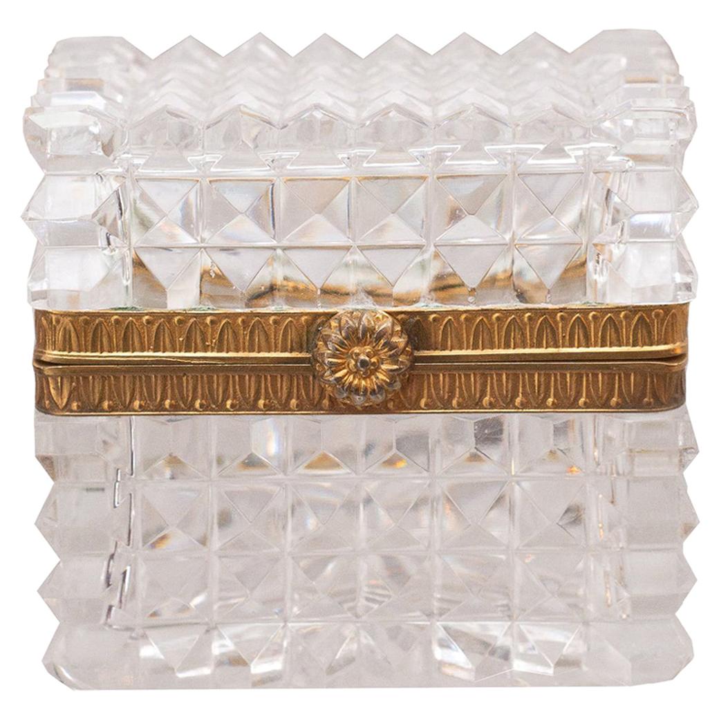 Antique French Pointed Cut Crystal Box with Bronze Mounts For Sale
