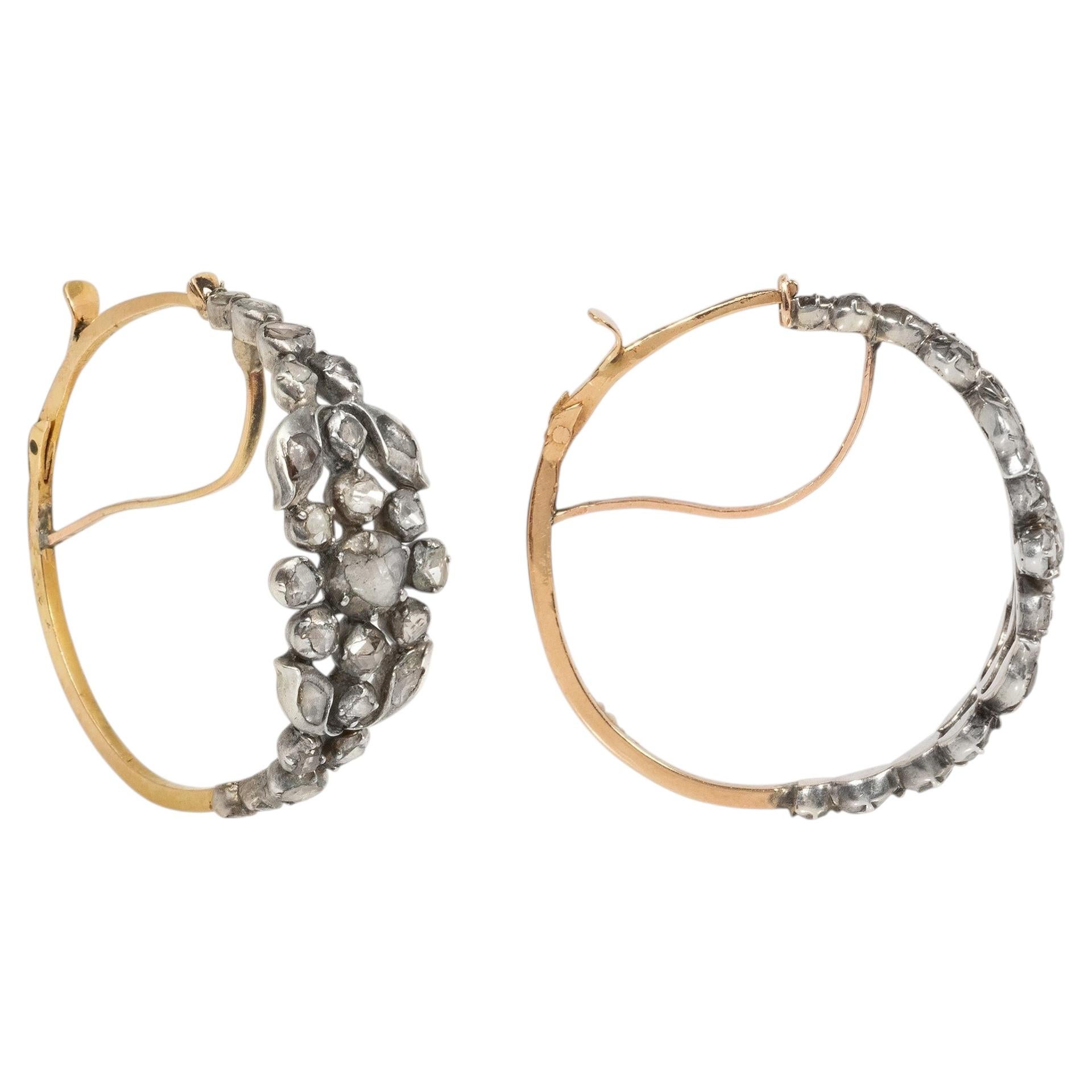 Antique French poissarde diamond hoop earrings For Sale