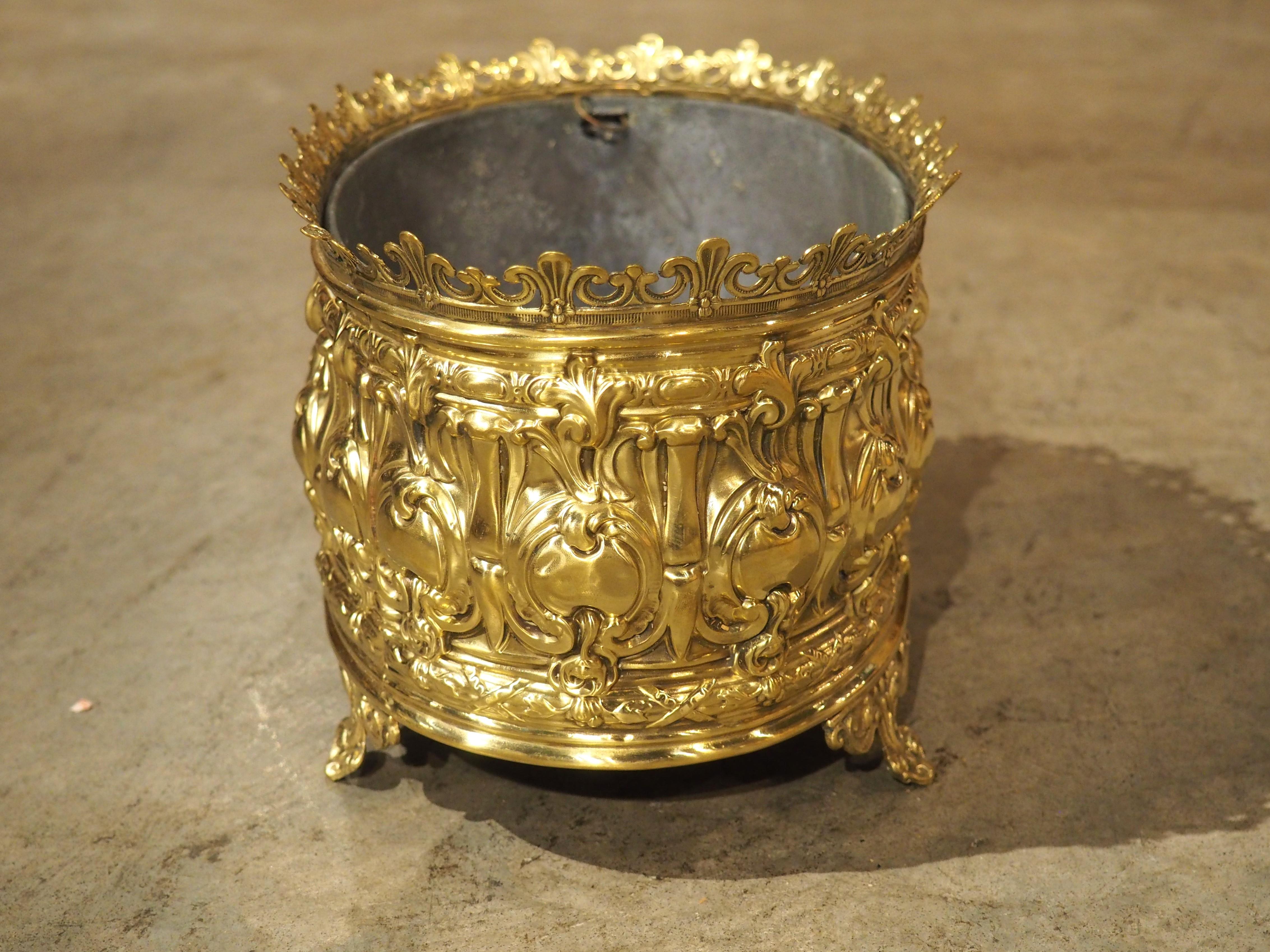 Metal Antique French Polished Brass Repoussé Jardiniere, Circa 1900
