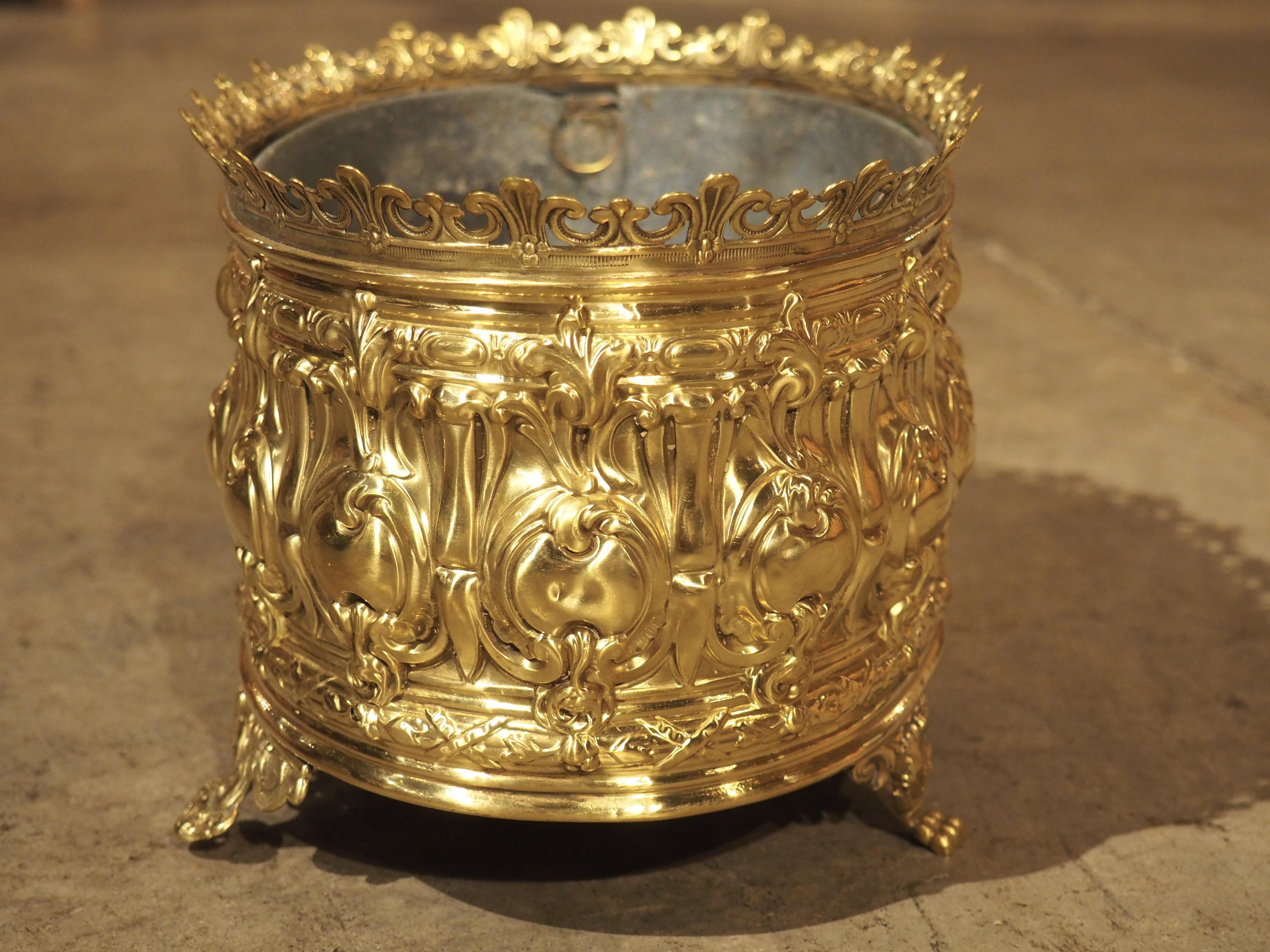 Antique French Polished Brass Repoussé Jardiniere, Circa 1900 3