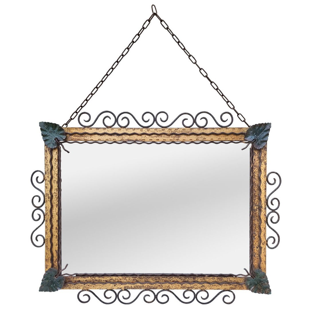 Antique Mirror francese in ferro battuto policromo, circa 1940 in vendita