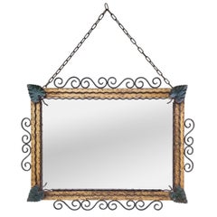 Antique French Polychrome Wrought Iron Mirror, circa 1940
