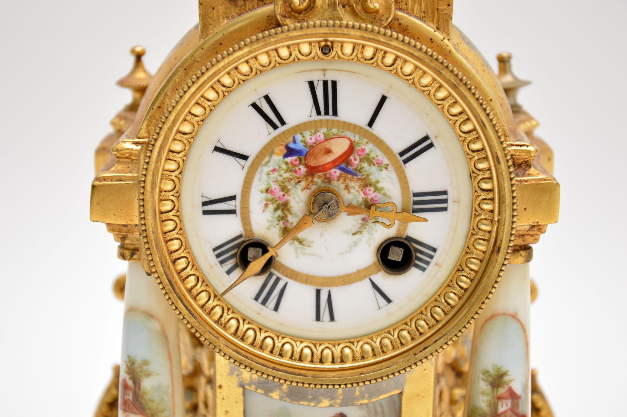 Antique French Porcelain and Gilt Mantel Clock Set 1