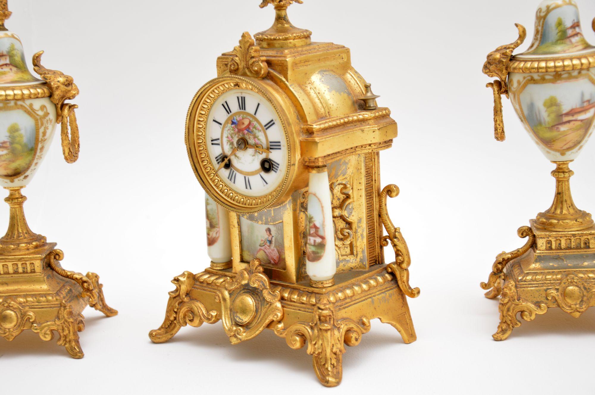 Antique French Porcelain and Gilt Mantel Clock Set 4
