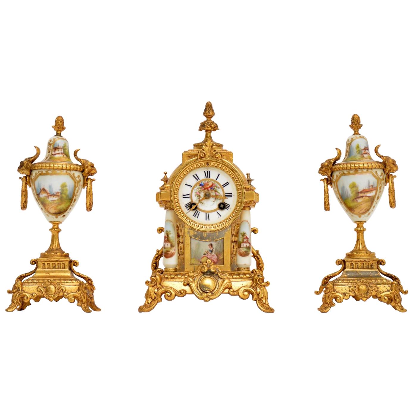 Antique French Porcelain and Gilt Mantel Clock Set