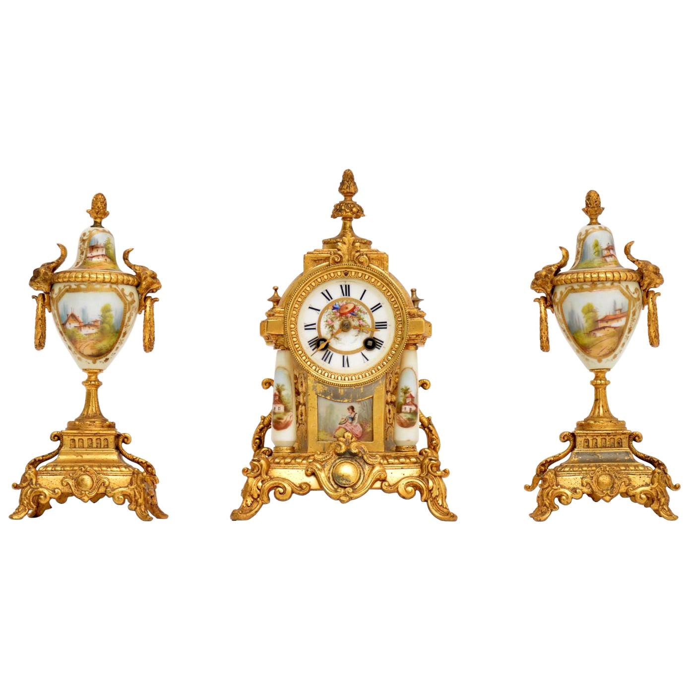 Antique French Porcelain and Gilt Mantel Clock Set