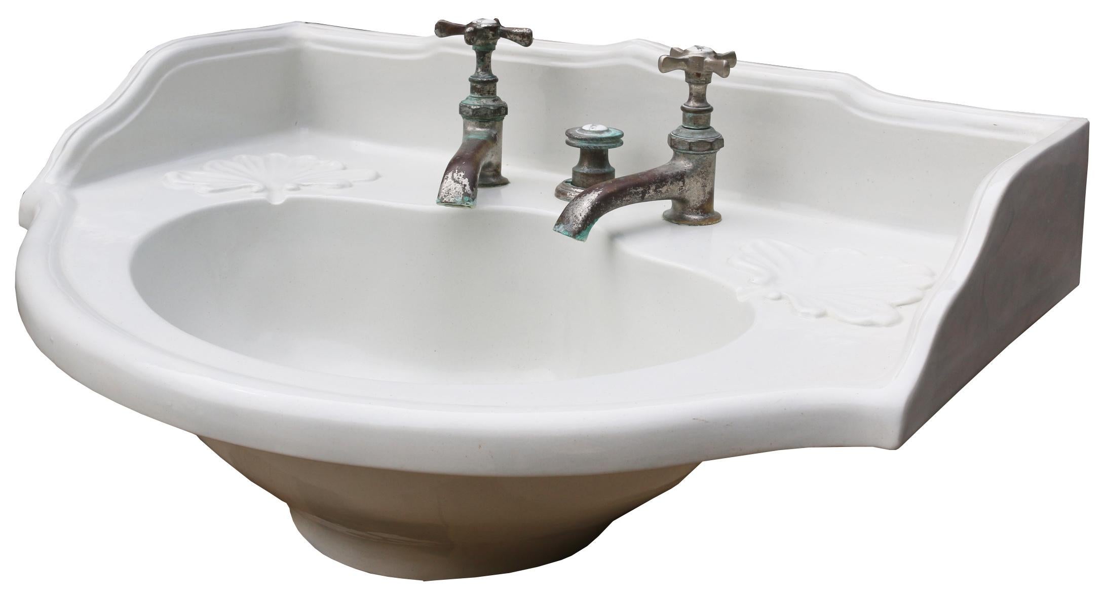 This basin has original taps and plunger waste. It could be set into/onto a counter, or supported on wall hung brackets. Originally from a property in Saint-Tropez.